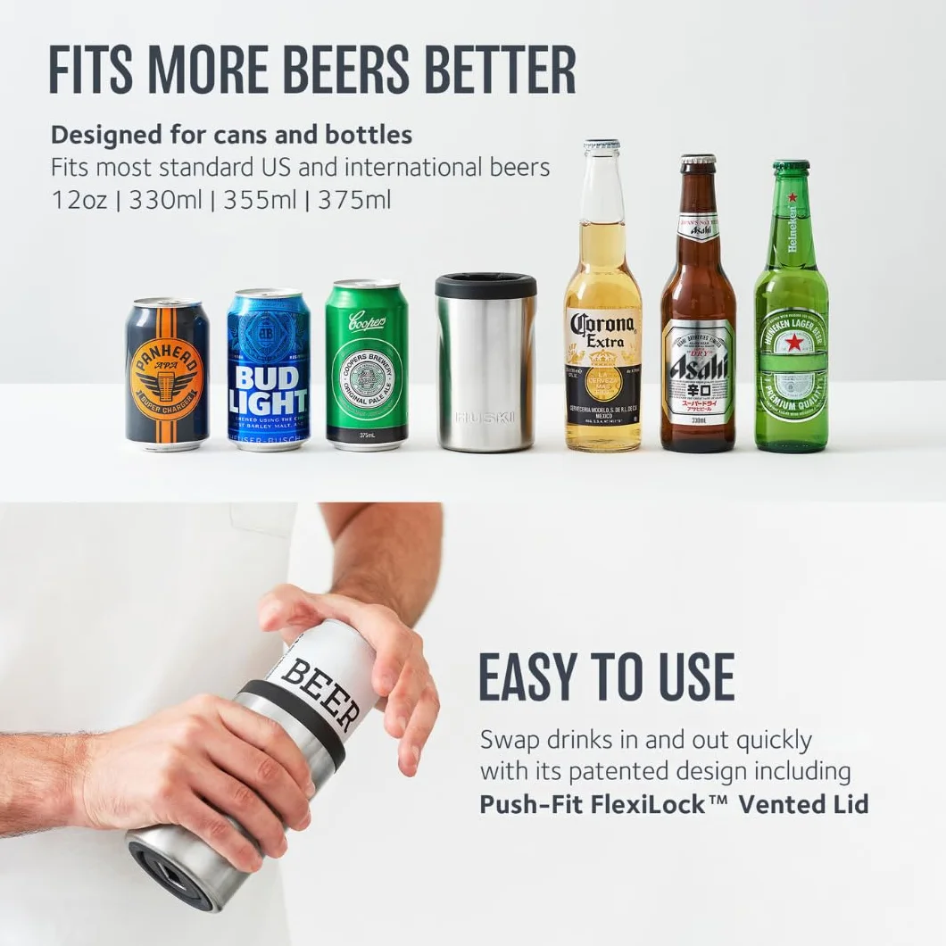 Huski Enfriador de cerveza 2.0 Soporte latas botellas acero inoxidable triple aislamiento abridor 3 en 1
