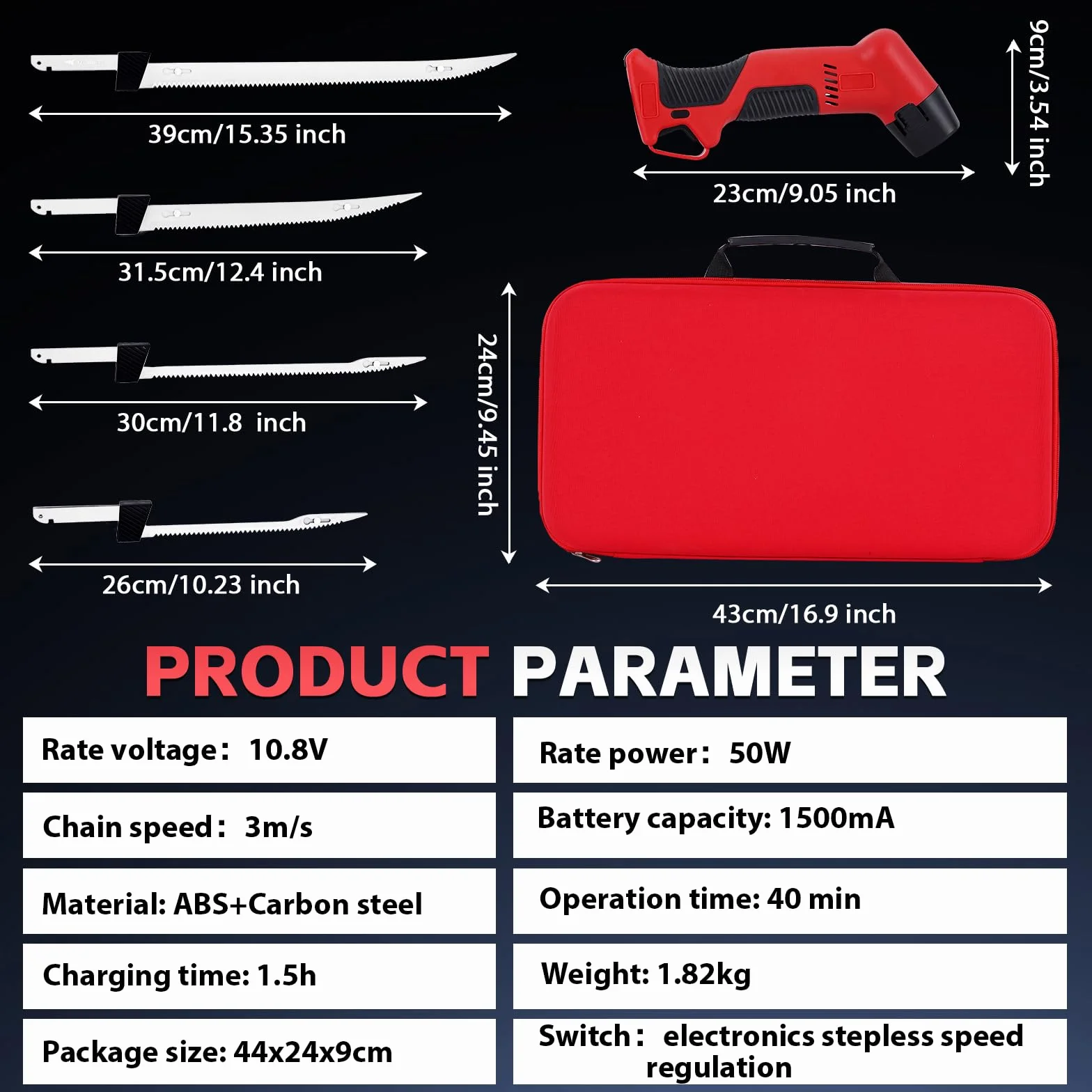 YUCHENGTECH Cuchillo de Filete Eléctrico para Pescado Cuchillo de Filete Inalámbrico con 4 Hojas, 2 Paquetes de Baterías Recargables y Estuche de Almacenamiento para Pescar, Filetear, al Aire Libre