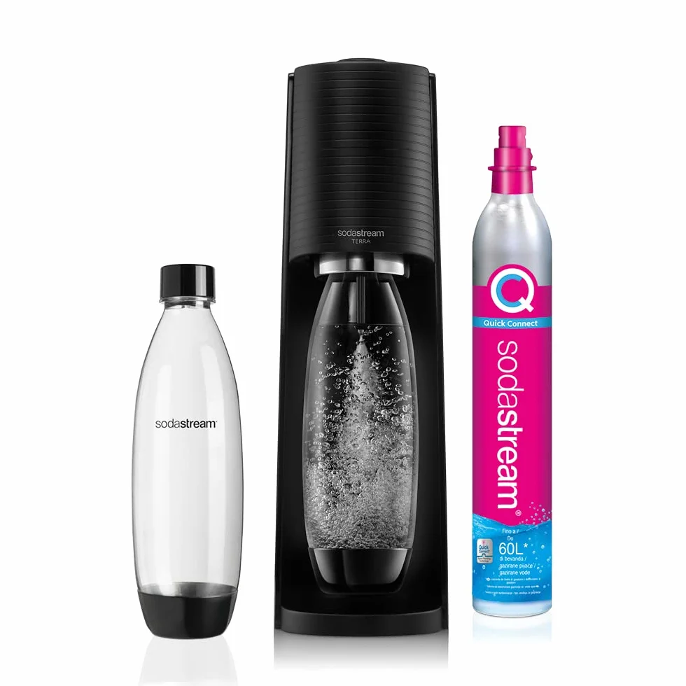 SodaStream Terra Gasador Value Pack x2 con 2 botellas de 1L aptas para lavavajillas y 1 cilindro CO2 Quick Connect, negro mate
