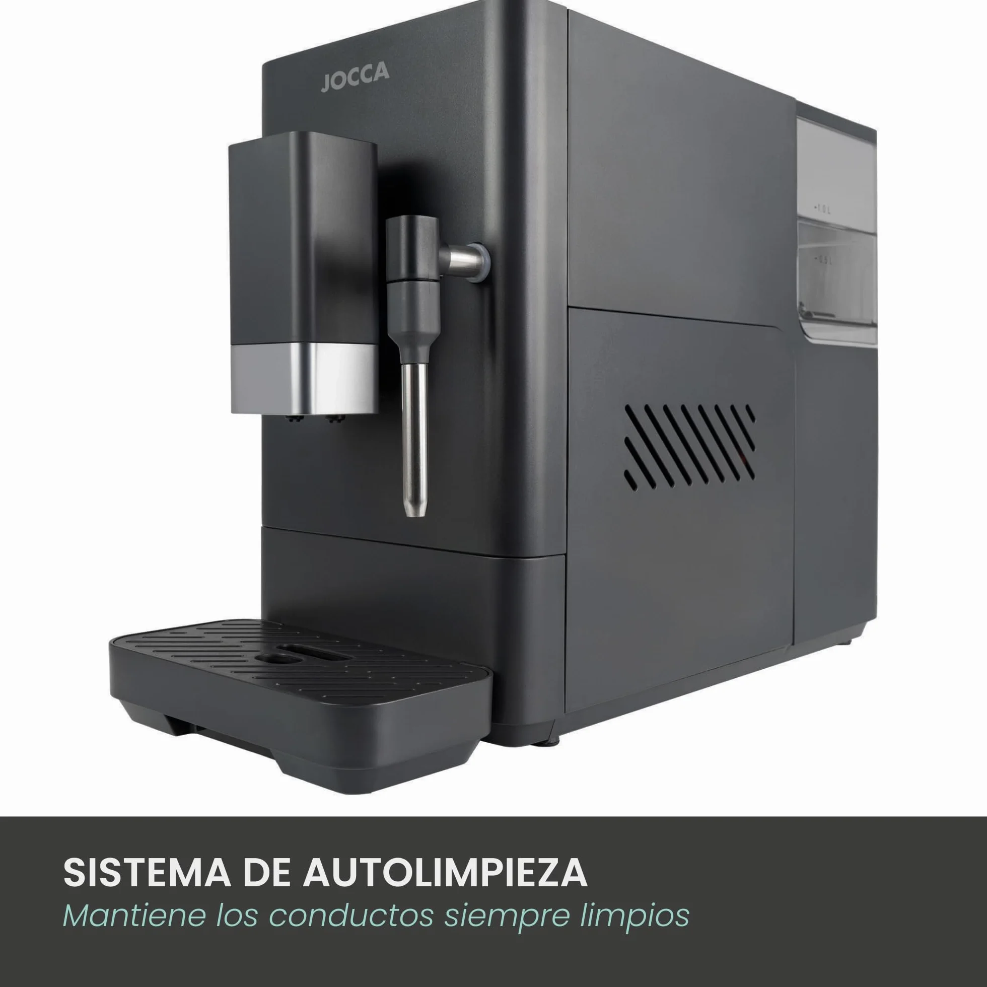 Jocca - Cafetera Superautomática 20 Bares, 1350W, Depósito 1,5L, Molinillo Integrado 15 Niveles, Vaporizador de Leche, Funciones Espresso, Doble Espresso y Americano, Sistema de Autolimpieza