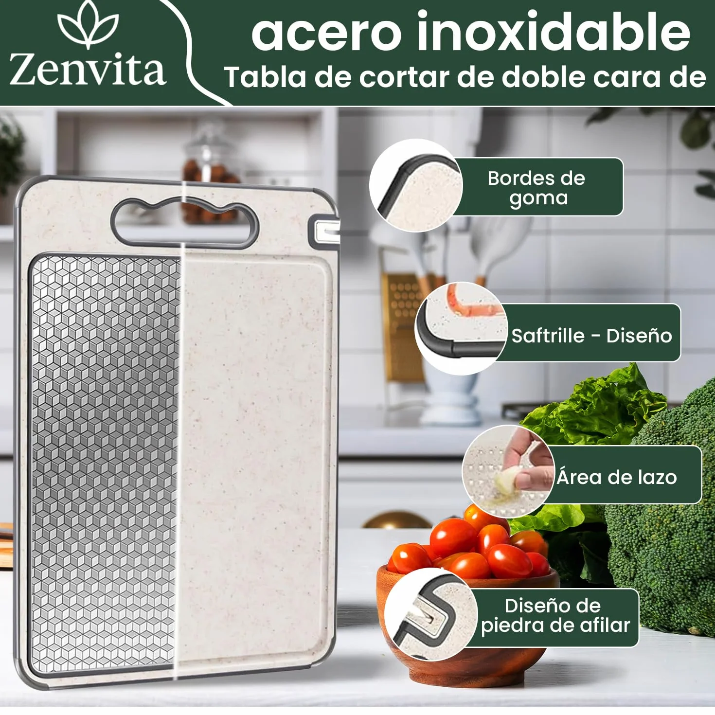 Tabla de cortar de acero inoxidable – Doble Cara Antibacteriana (Acero+PP) - patron diamante – Sin BPA,Grande y Duradera - cocina - descongela - Carne,Pescado,Verduras – Superficie de Corte 36 x 25 cm