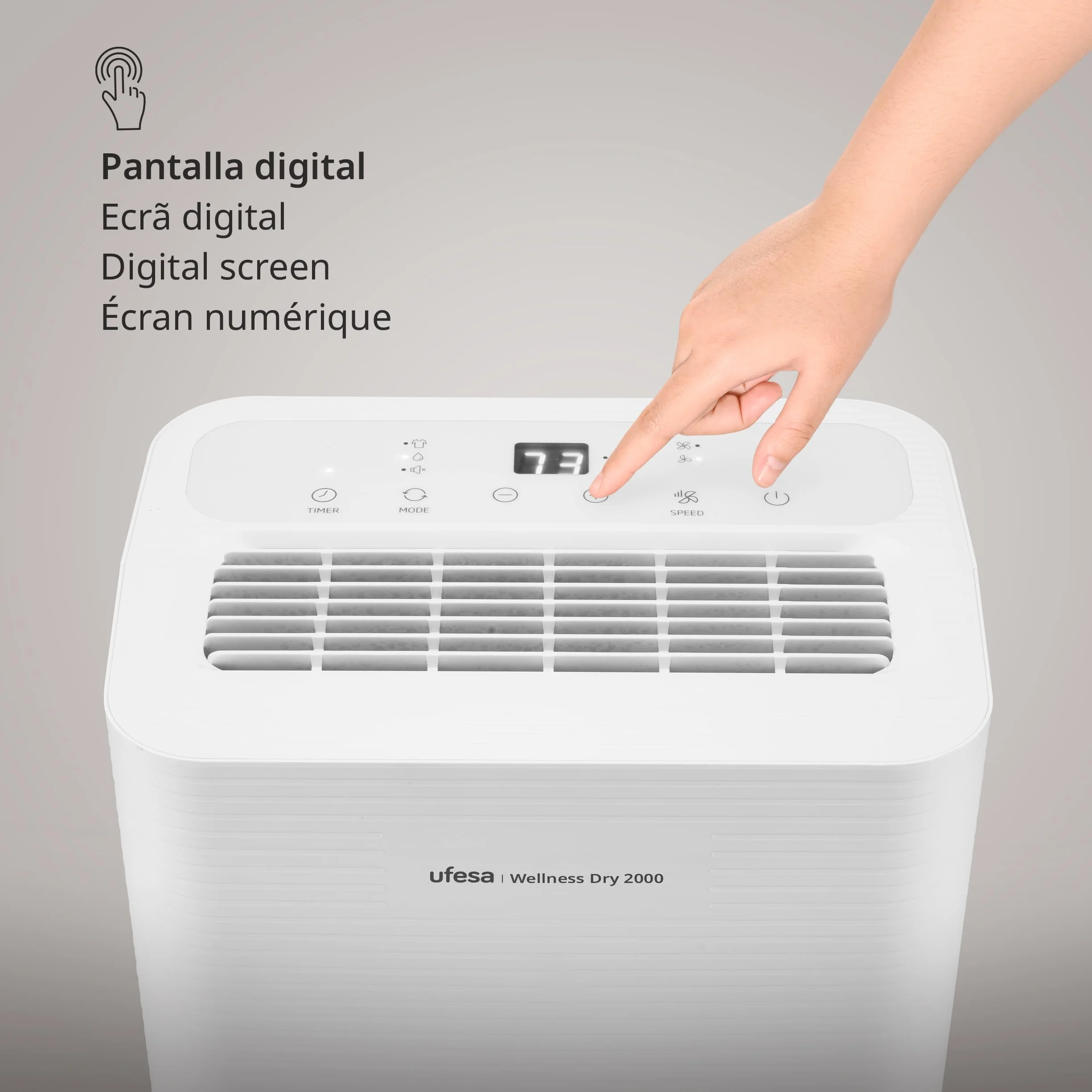 Ufesa Wellness Dry 2000 Deshumidificador 280W, 12L/24h, Silencioso 47dB con Panel Intuitivo, Función Secado Ropa, Sensor de Humedad, 2L capacidad, 2 Velocidades, Temporizador, Hasta 40m2