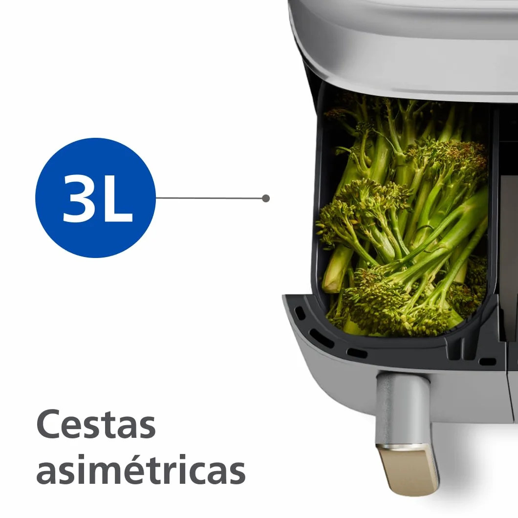 Philips Freidora de Aire Serie 3000, Doble Cesta 9L, 8-en-1, Sincronización Automática, 90% Menos Grasa, Tecnología Rapid Air, Apta Lavavajillas, con App HomeID, Blanca (NA353/10)