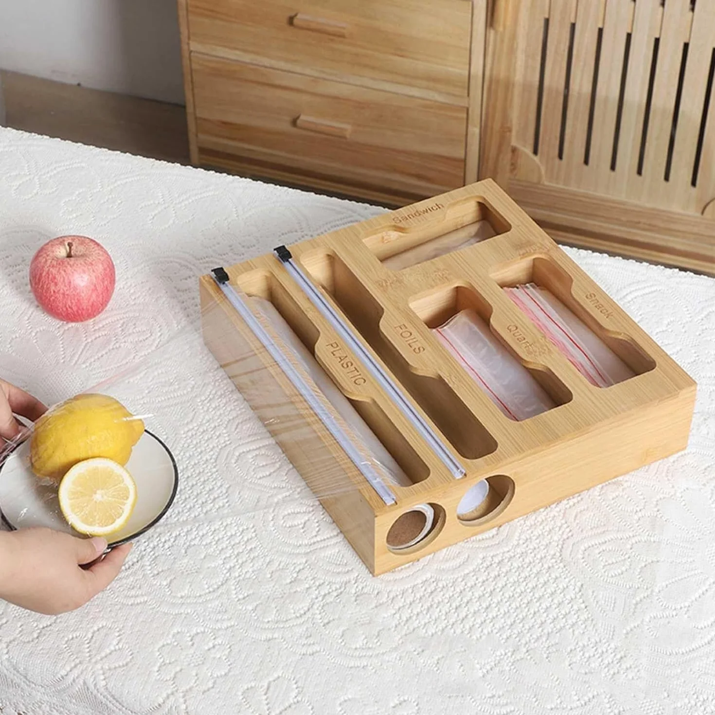 Organizador de bolsas Ziplock y dispensador de envoltura de plástico con cortador, 5 en 1, incluye 4 organizadores de bolsas de almacenamiento para cajones de cocina, 2 dispensadores con cortador para