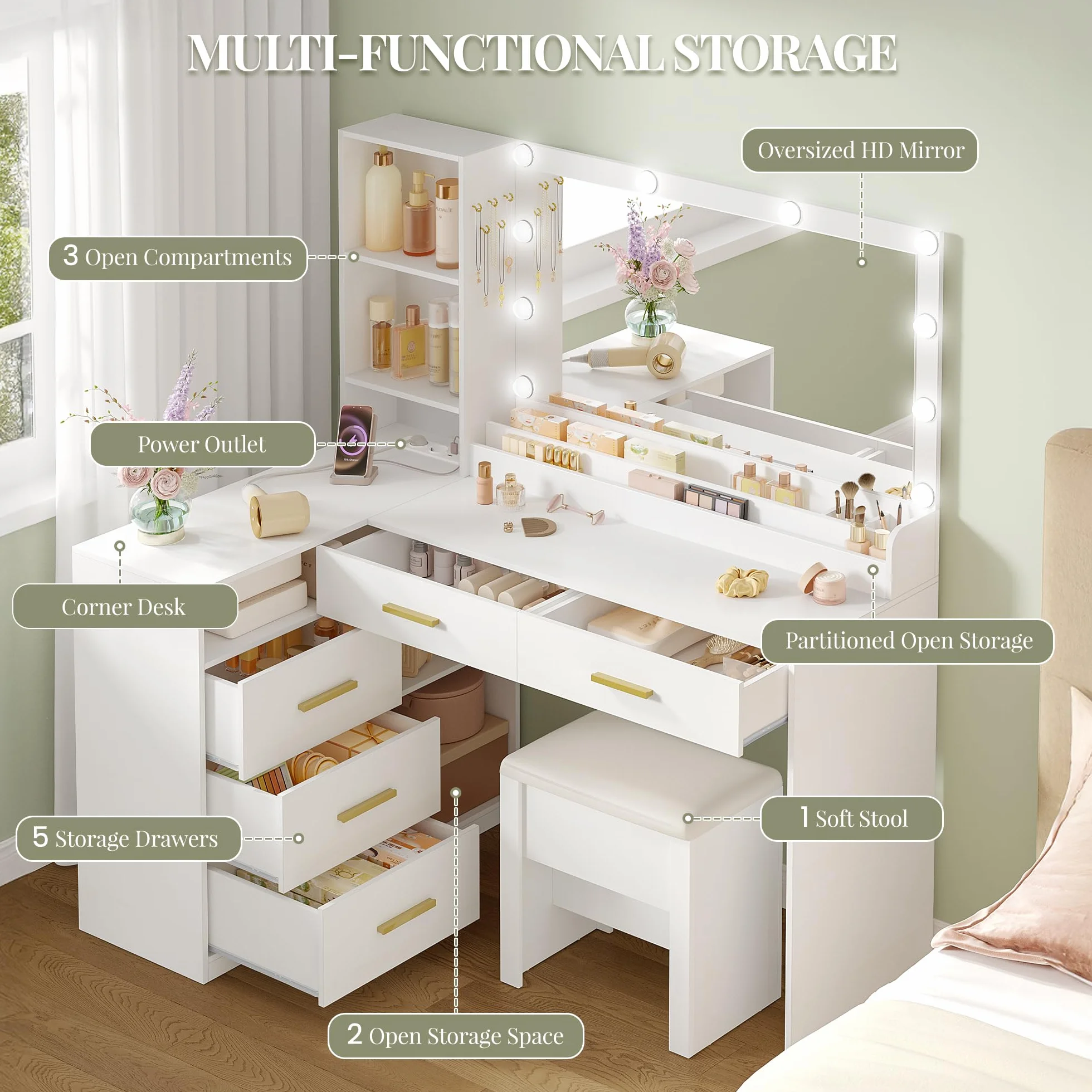 HEXCELEN Tocador de Maquillaje con Espejo LED, Brillo Ajustable, Mesa de Maquillaje con Toma de Corriente, Tocador con Taburete, 5 Cajones, Estantes de Almacenamiento, 40 × 120 × 139 cm, Blanco