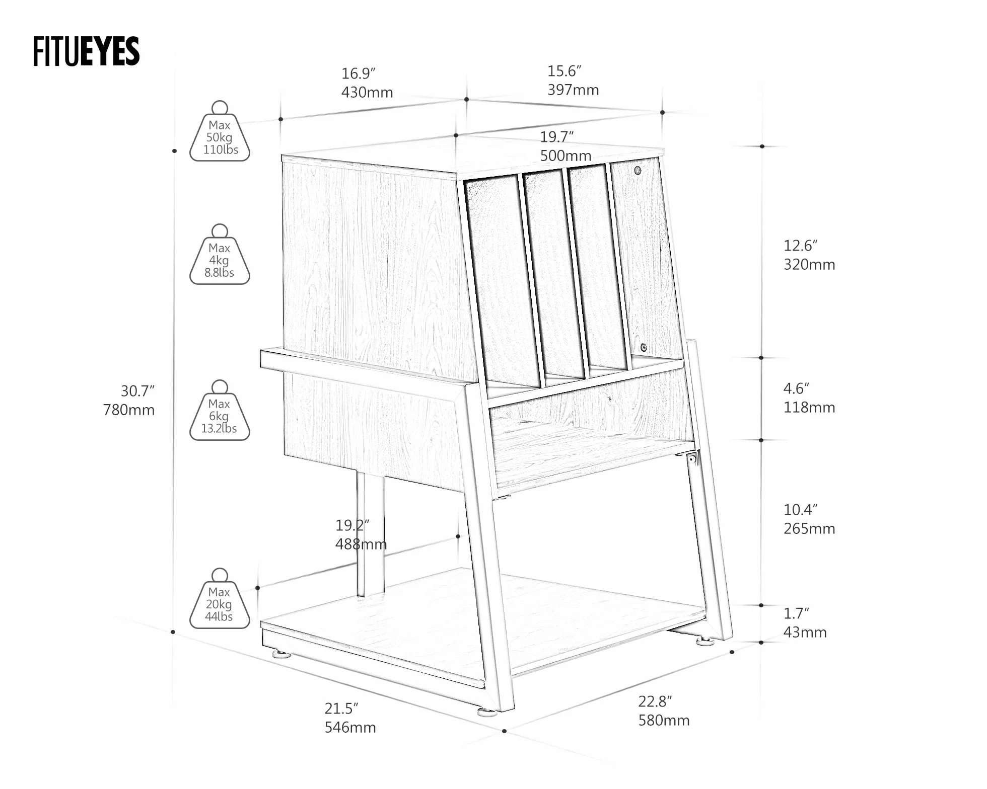 FITUEYES Mueble Tocadiscos, Mueble HiFi de Madera y Metal, Almacenamiento para 120 Discos, para Sistemas Compactos, para Salones y Salas de Música