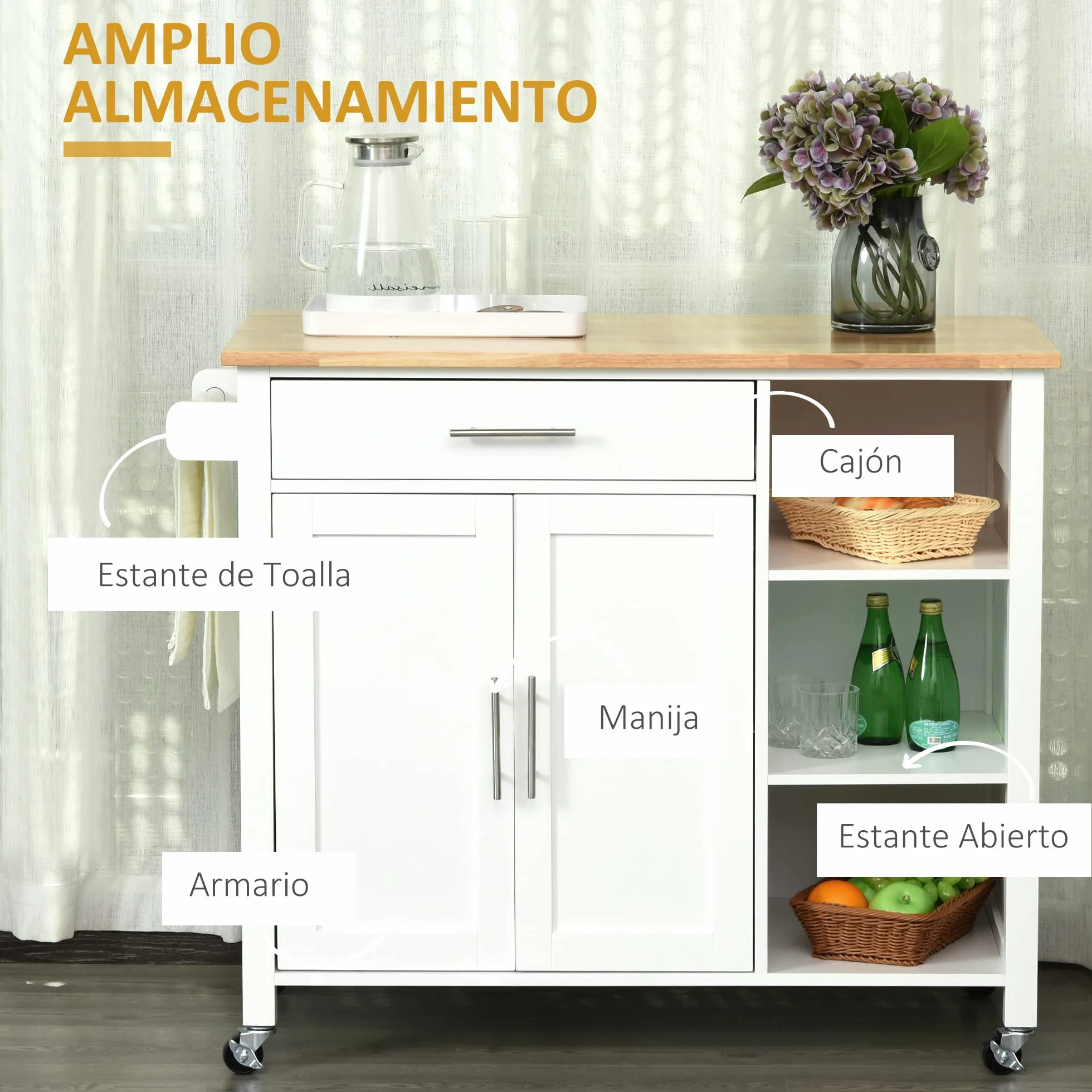 HOMCOM Isla de Cocina con Ruedas Mueble Auxiliar de Cocina con 1 Cajón 2 Puertas 3 Estantes Abiertos y Barra Lateral para Comedor 107,5x48x89 cm Blanco