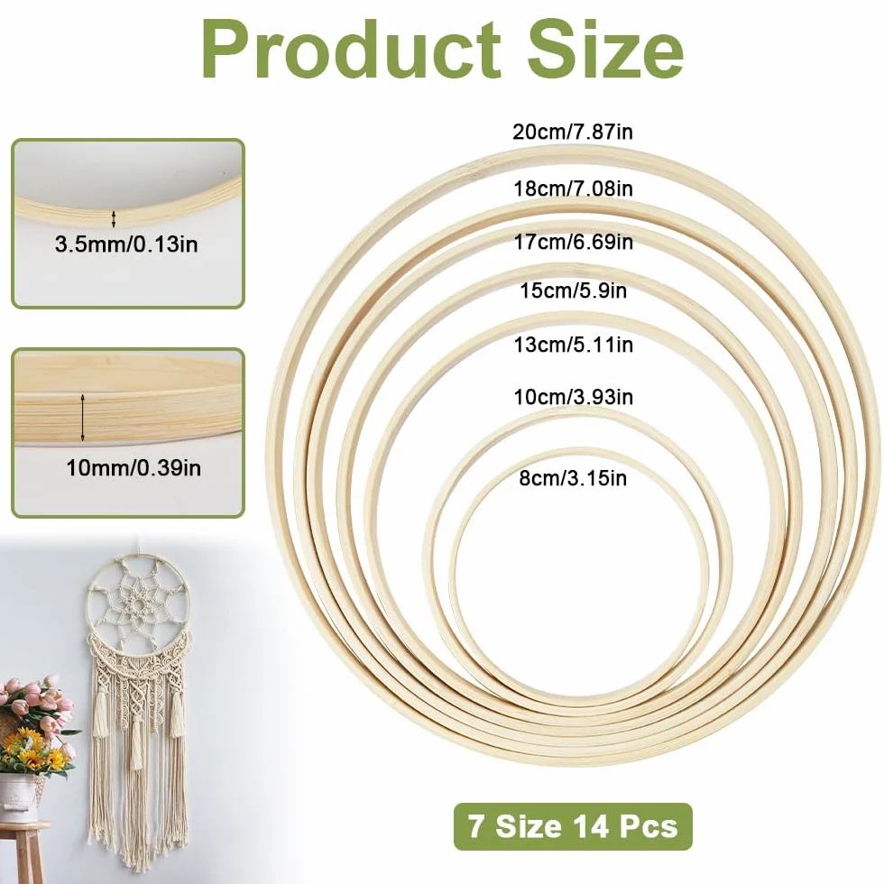 EXIN DECHEN 14 Piezas Aros de Madera Bambú para Manualidades, 7 Tamaños Anillos de Madera de Bambú, Aros Madera para Atrapasueños, Anillos Macramé Aro Manualidades para Atrapasueños, Guirnalda de Boda