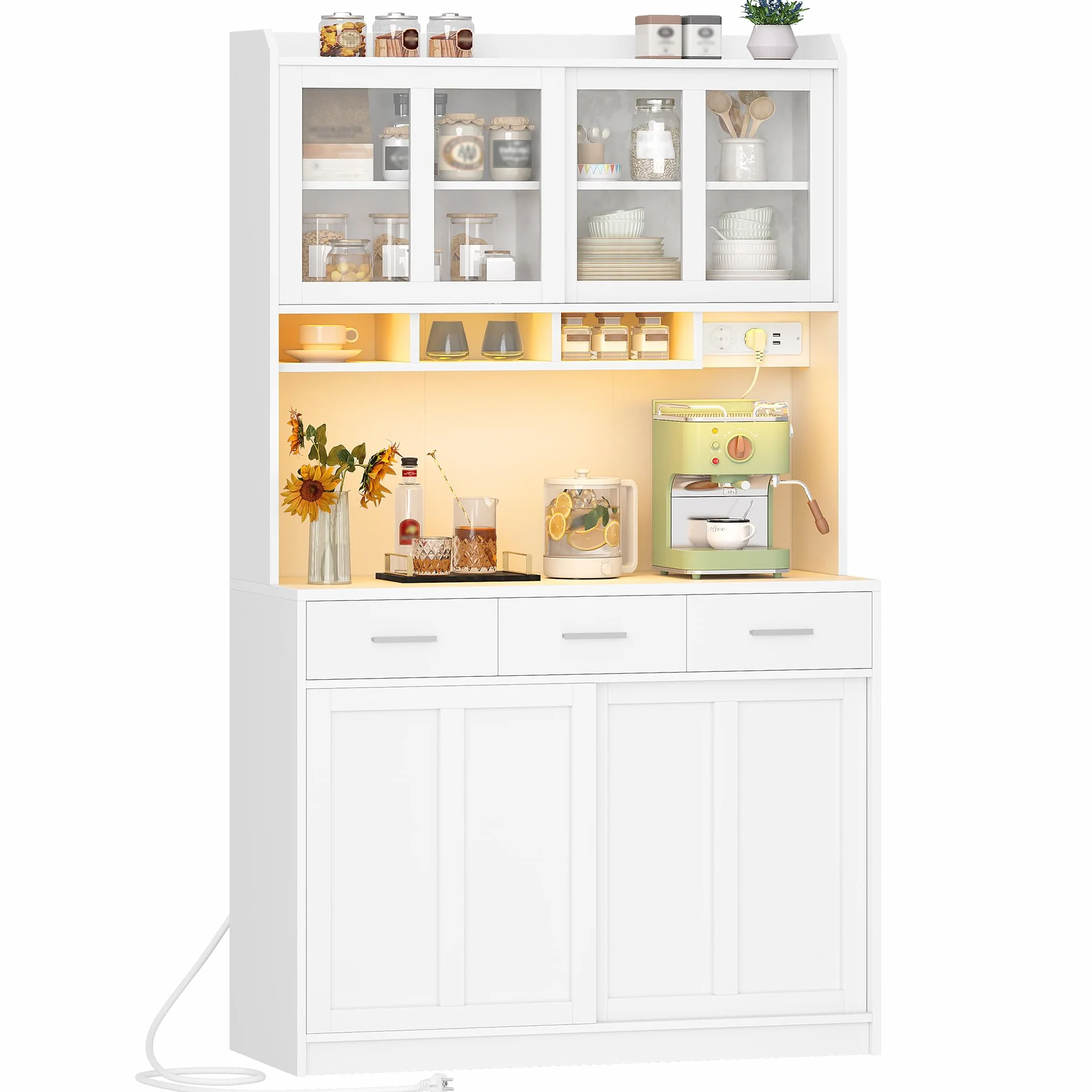 Hzuaneri Alacena de Cocina, Aparador Comedor con Iluminación Led y Regleta Eléctrica, Encimera, 3 Cajones, Estantes Ajustables, para Cocina o Comedor, 40 x 100 x 185 cm, Blanco 0110203XEU