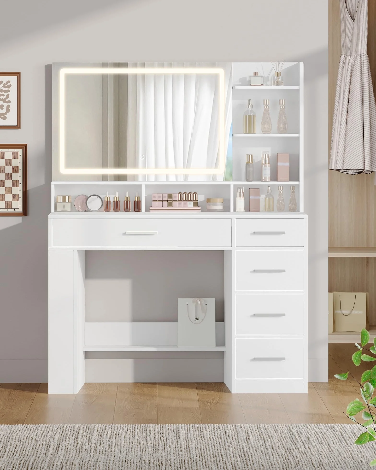 Hzuaneri Tocador con Espejo HD Grande, tocador de Maquillaje con luz LED, 6 Compartimentos Abiertos, 5 cajones y Espacio de Almacenamiento Lateral, 40 x 108 x 138 cm, Blanco DT44003XEU