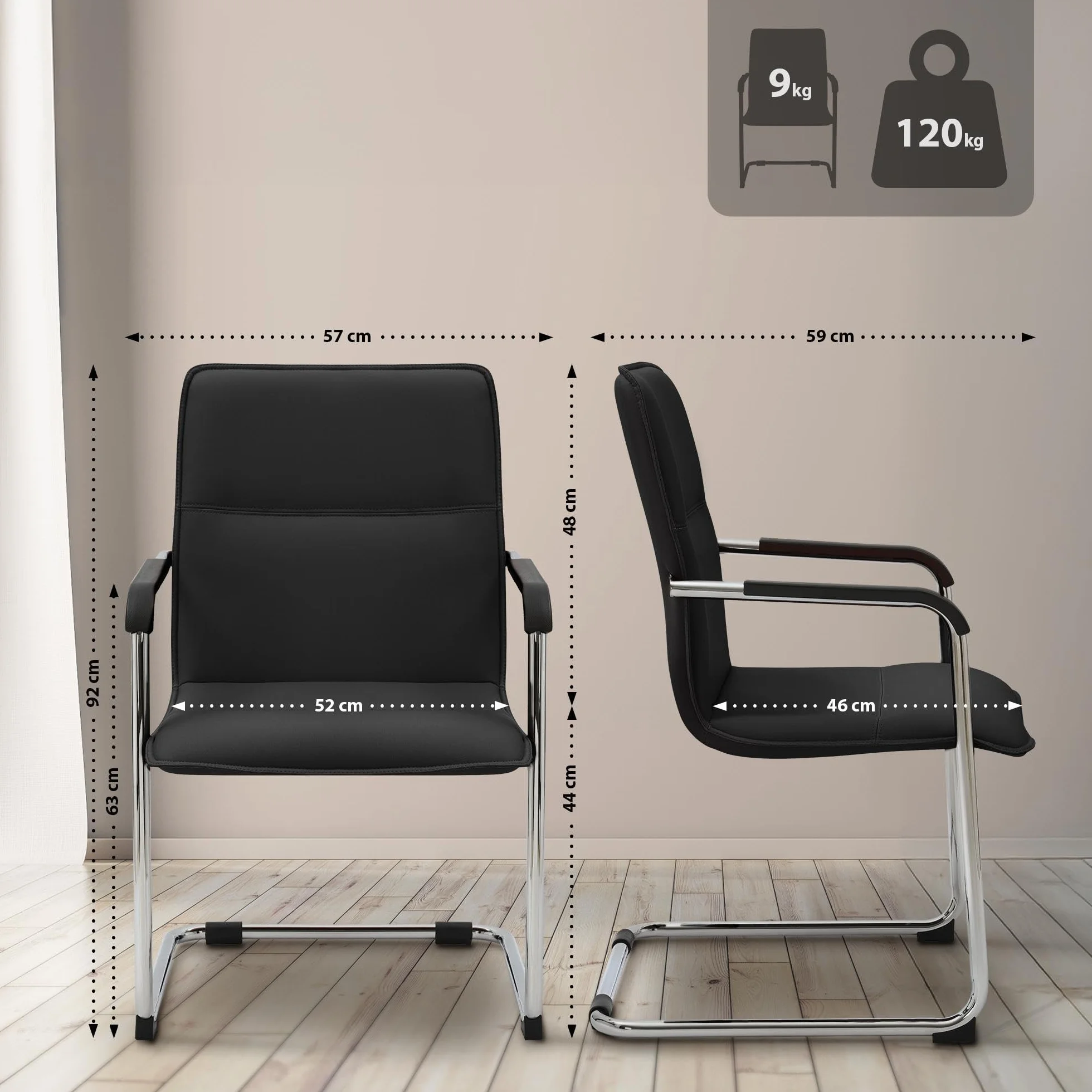 CLP Sillas Cantilever Juego de 2 con Reposabrazos Seattle, Sillas de Comedor Modernas Tapizadas con Cuero Sintético, Negro