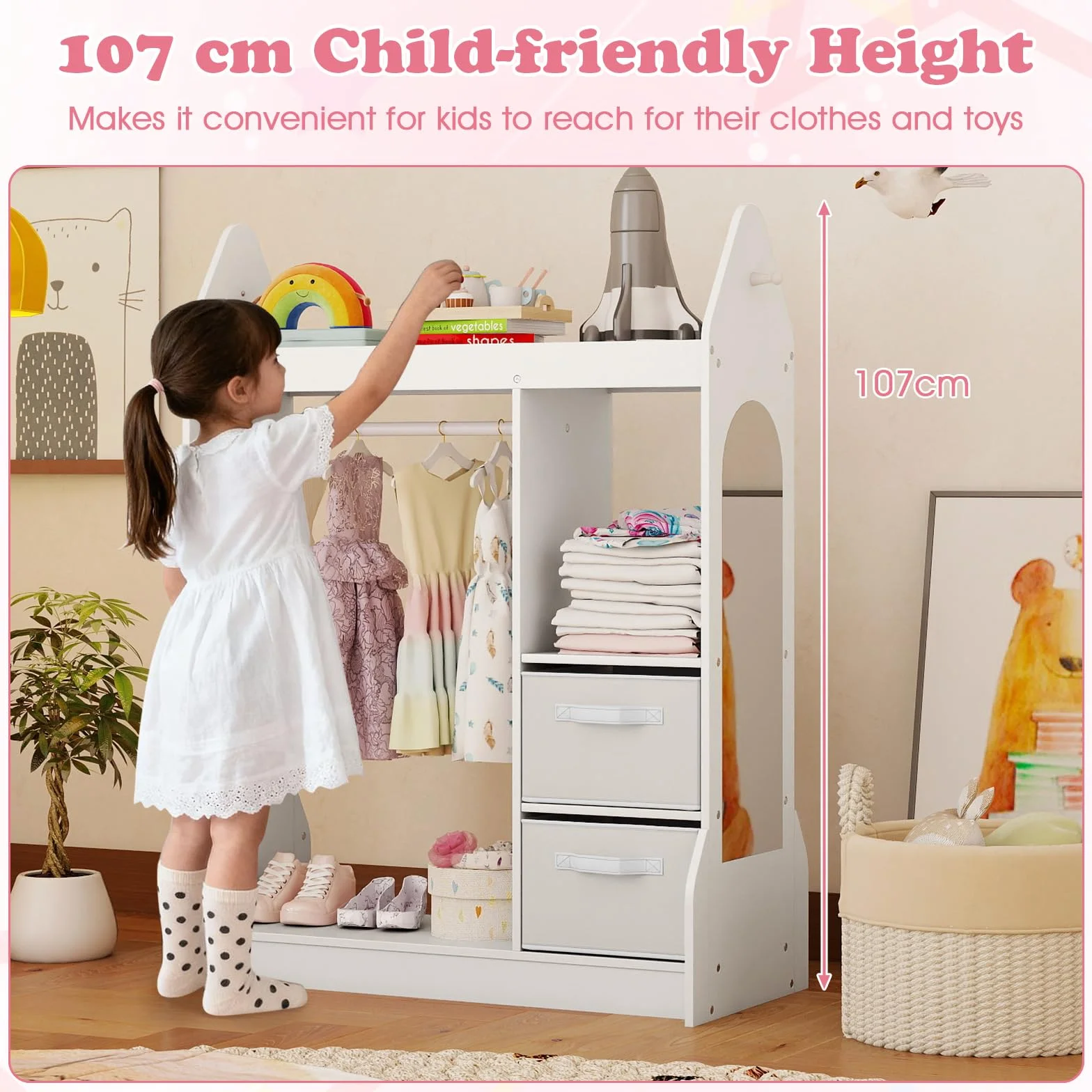 FANTASK Armario Infantil con Cajones de Tela, Espejo y Perchero de Madera, 81 x 38 x 107 cm, Blanco