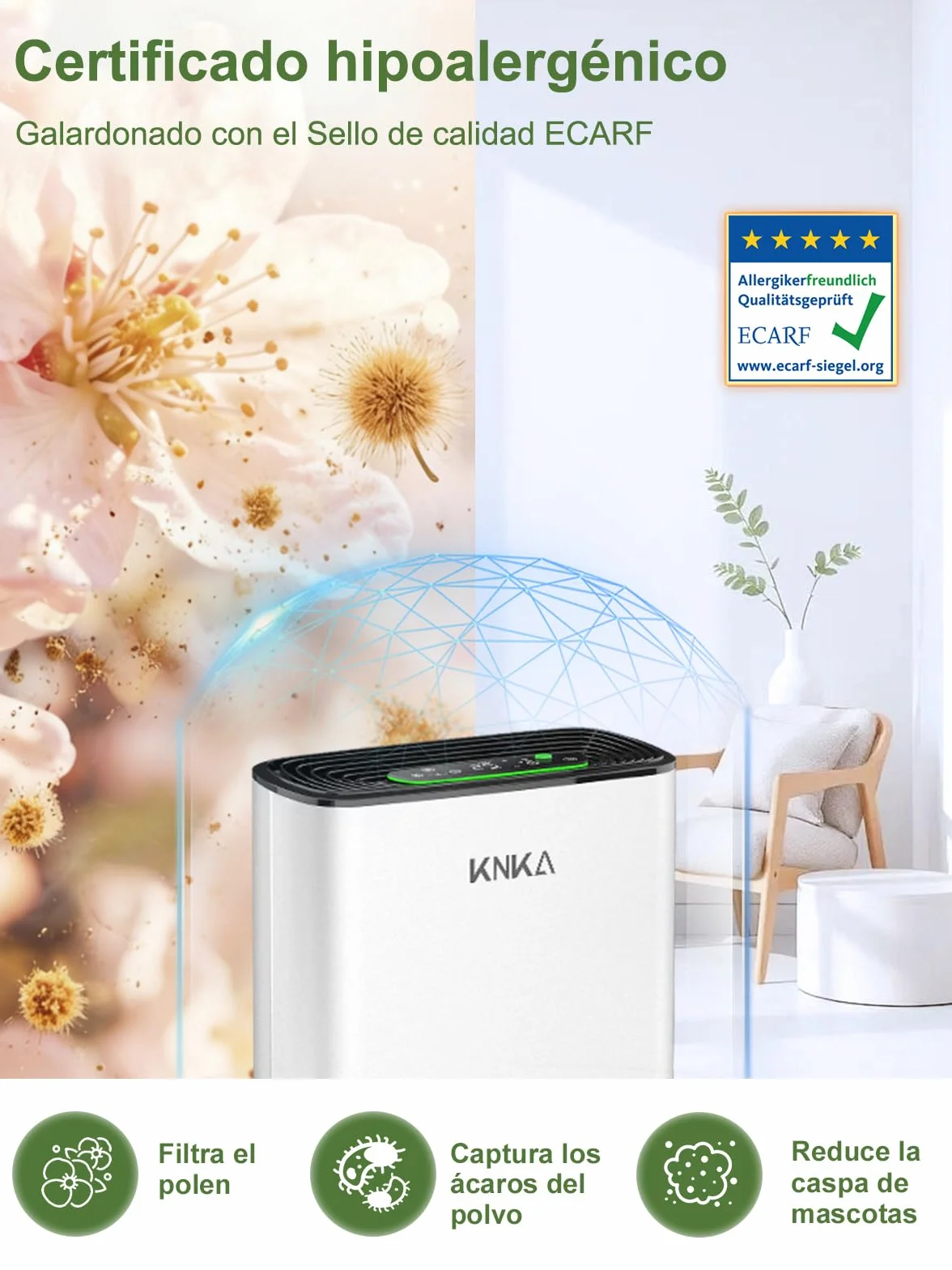 KNKA Purificador de aire, CADR 300 m³/h, hasta 80 m², Rendimiento HEPA (Modo Noche) ya que elimina 99,97% Polvo/Polen/Olores, con Sensor Inteligente, Ideal Fumatori y Mascotas, APH3000