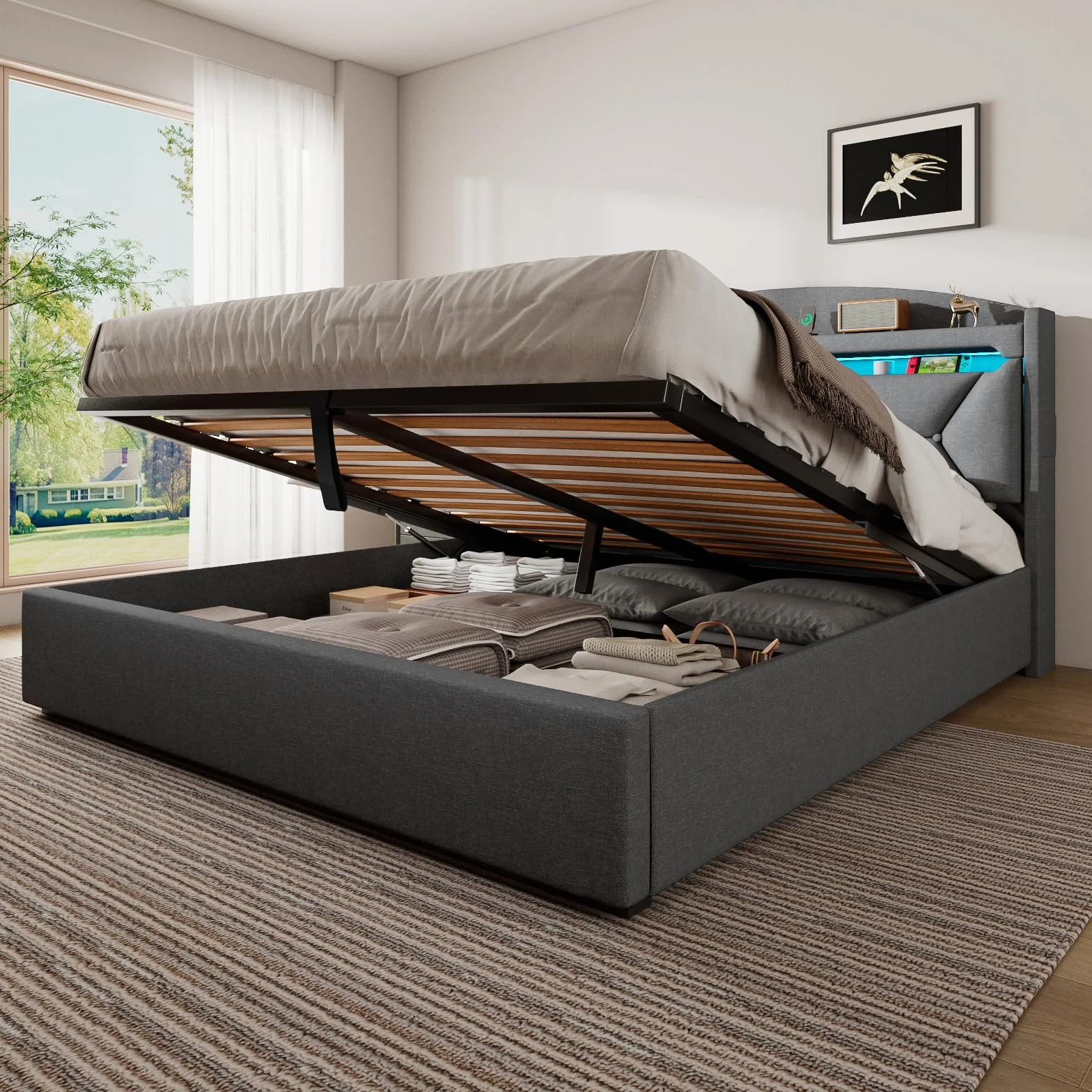 Cama Matrimonio 160x200 con Almacenamiento, Camas Matrimoniales con LED, Puertos USB y Type-C, Canape 160x200 Hidráulico, Cama Matrimonio con Cabecero, Lino, Gris, Colchón No Incluido