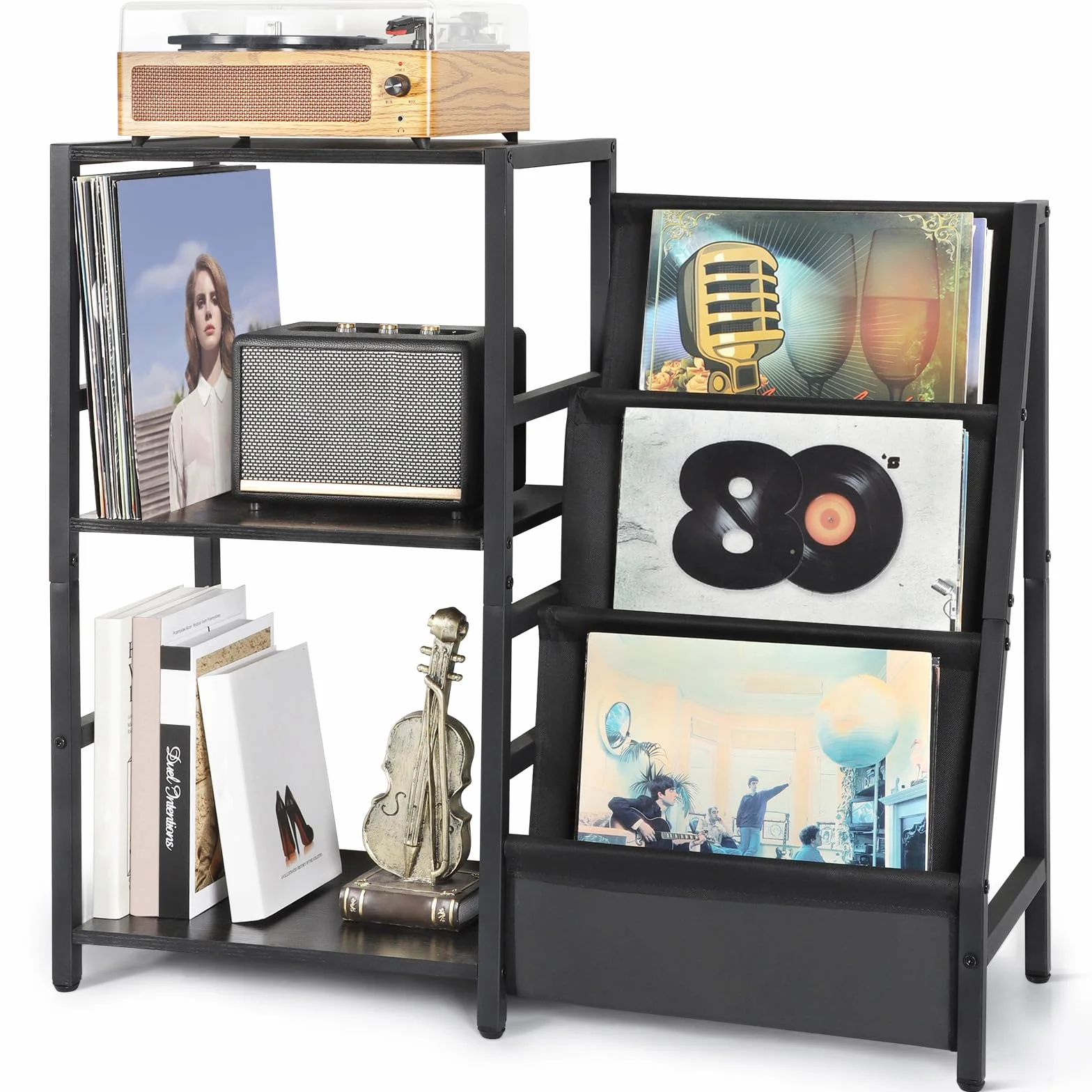 Bikoney Soporte para Tocadiscos de Vinilo, Mesa Auxiliar 3 Niveles con Almacenamiento para 200 Álbumes, Estante de Discos Vinilo para Sala de Estar, Negro