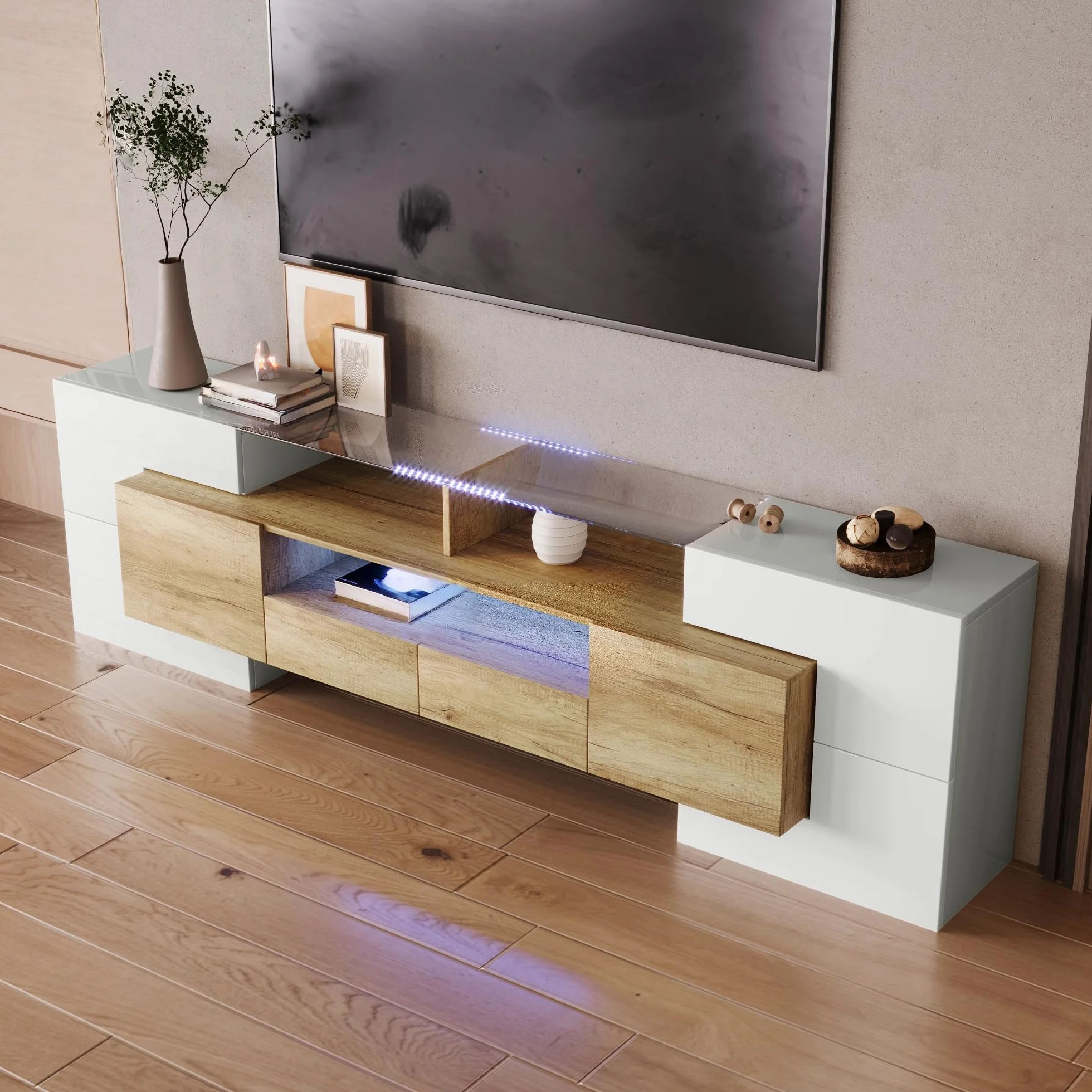 LAKFEW Mueble TV 200cm de hasta 85 Pulgadas con Iluminación LED y Almacenaje, Mueble TV Salon con 6 Puertas y 2 Cajones, Muebles TV con 3 Compartimentos, 200x35x60 cm, Blanco+Color Madera