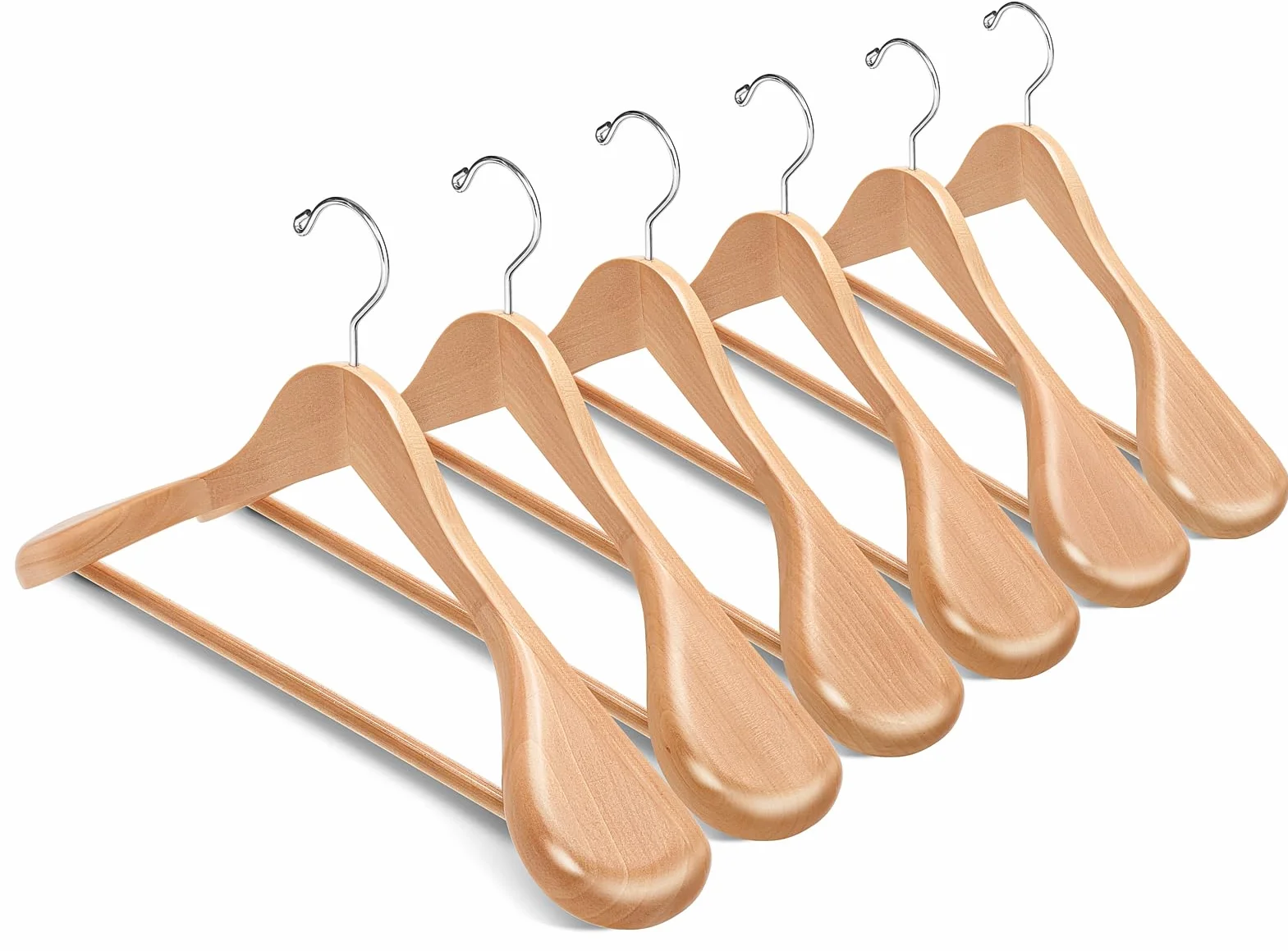 Amber Home Paquete de 6 perchas de madera de hombro ancho con barra antideslizante para pantalones, perchas de madera maciza, acabado suave para suéter, pantalones, ropa pesada (natural, paquete de 6)