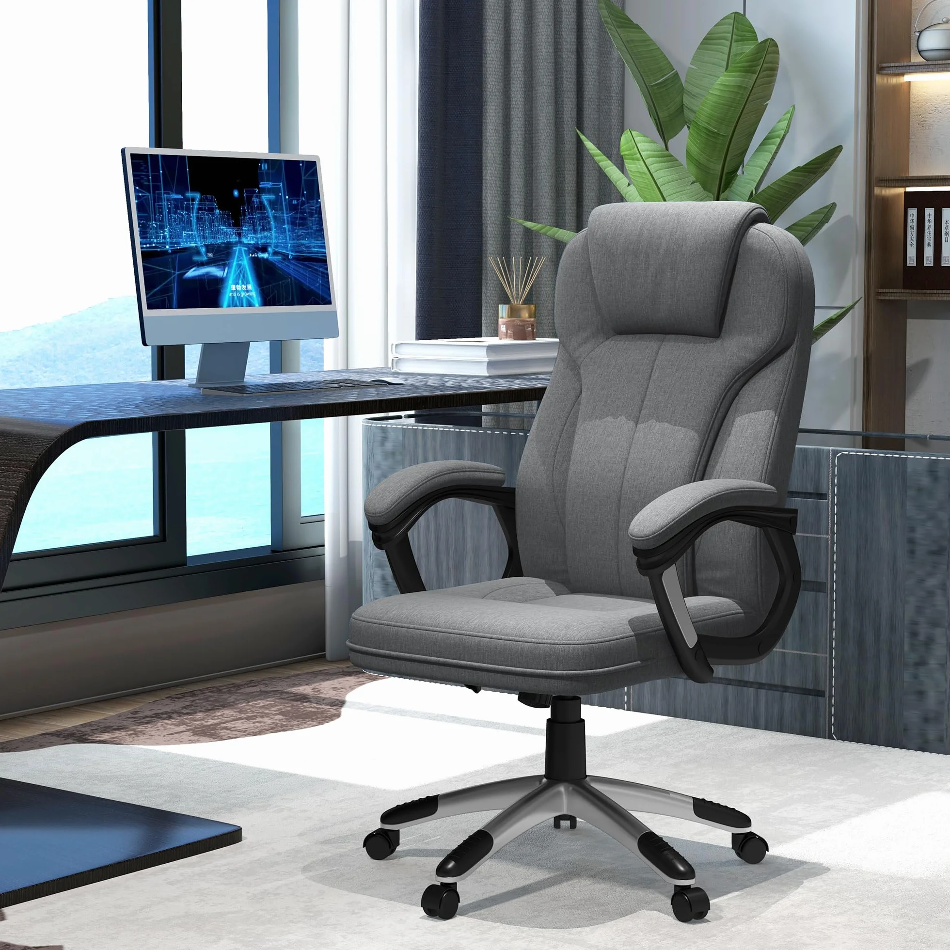 Vinsetto Silla de Oficina Ergonómica Giratoria Tapizada en Tela con Respaldo Alto y Reposabrazos Ajustable 66x75x110-120 cm Gris