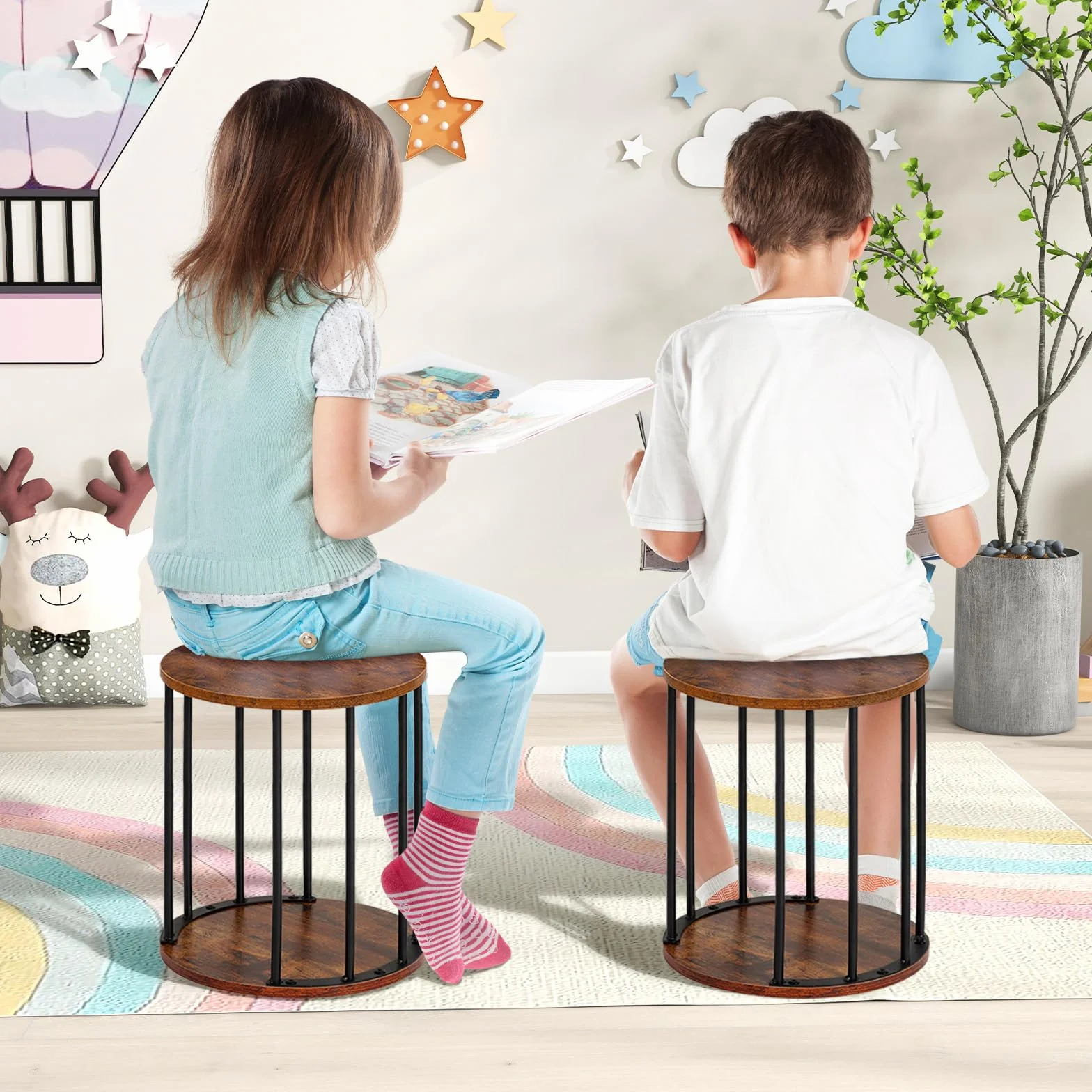 HDANI Taburete Redondo de Madera para niños y Adultos, peldaños pequeños, Antideslizante, para Cocina, baño, jardín y Dormitorio, 30 x 30 x 34 cm (MarrÓn RÚstico y Negro, Set de 2)