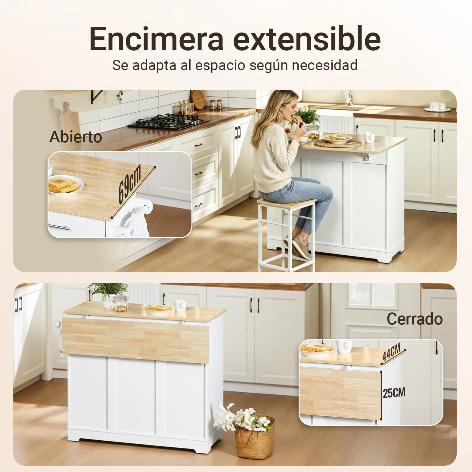 SoBuy Isla Cocina con Ruedas Carro de Cocina con Encimera Extensible Mueble Auxiliar de Cocina con 2 Cajones y Estantes Ajustables, Ideal para Cocinas Pequeñas Blanco 113 × 44–69 × 91 cm FKW129-WN
