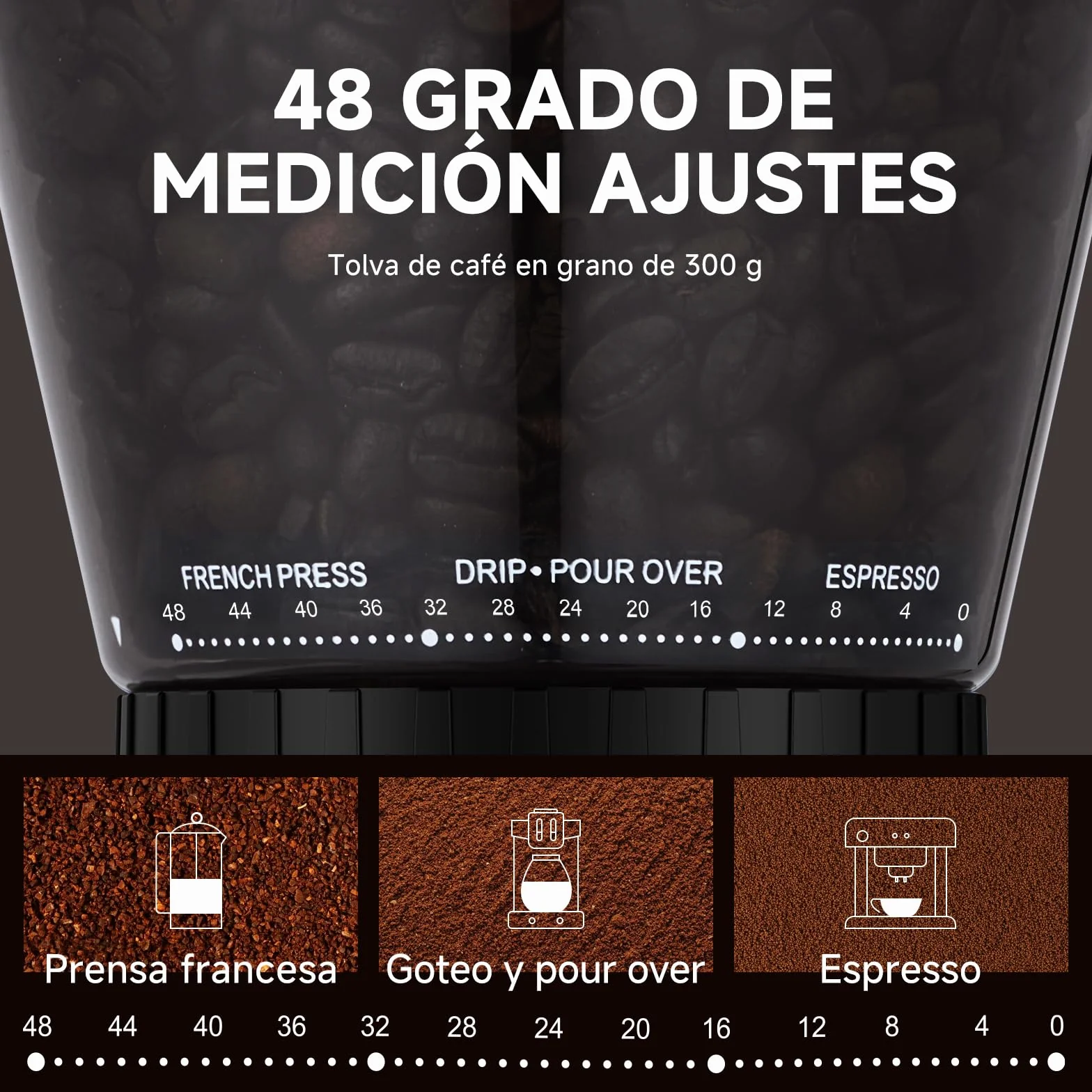 AMZCHEF Molinillo de Café Eléctrico con 48 Niveles de Molienda, Sistema Antiestático, Pantalla Táctil LCD, Depósito de 300 g, Acero Inoxidable, para Espresso, Café Filtrado, French Press