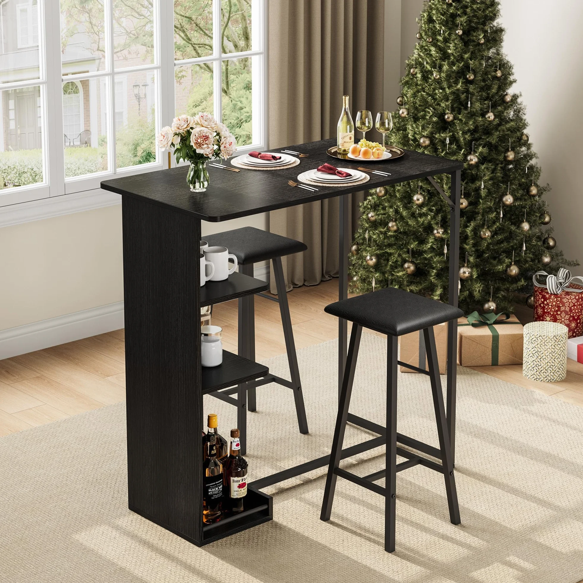 Garvee Conjunto de Bar Industrial 3 Piezas con 3 estantes – Mesa y 2 taburetes, Soporte para Copas – Ideal para Cocina o Comedor pequeño – Negro con Estructura y cojín Negros