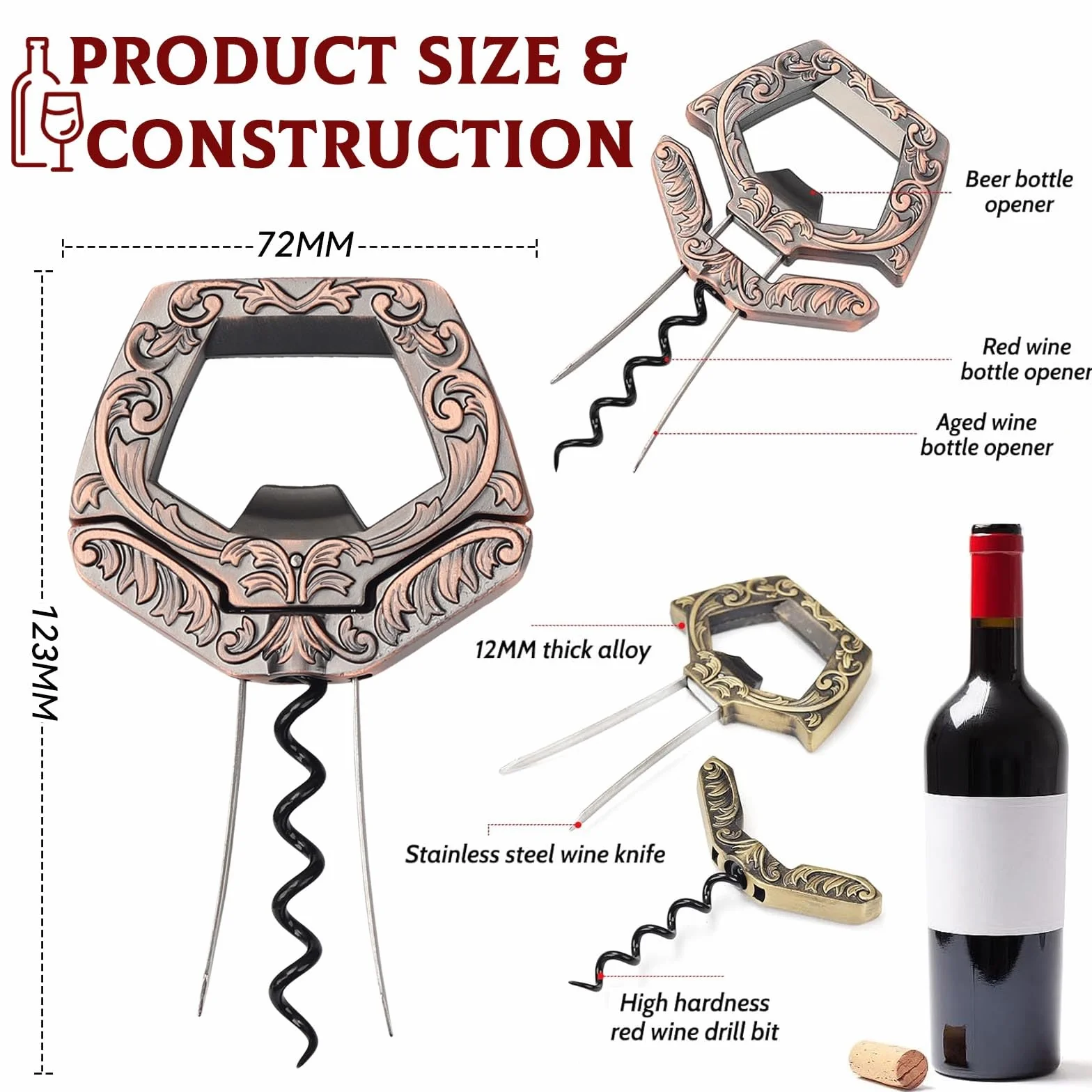 Abridor de Vino Ah So para Botellas Antiguas, Abrebotellas de Antiguo 3 en 1, Extractor Corcho Dos Puntas con Corkscrew de Cerveza, Sacacorchos de Amigos Camareros, Regalos para Hombres (Cobre)