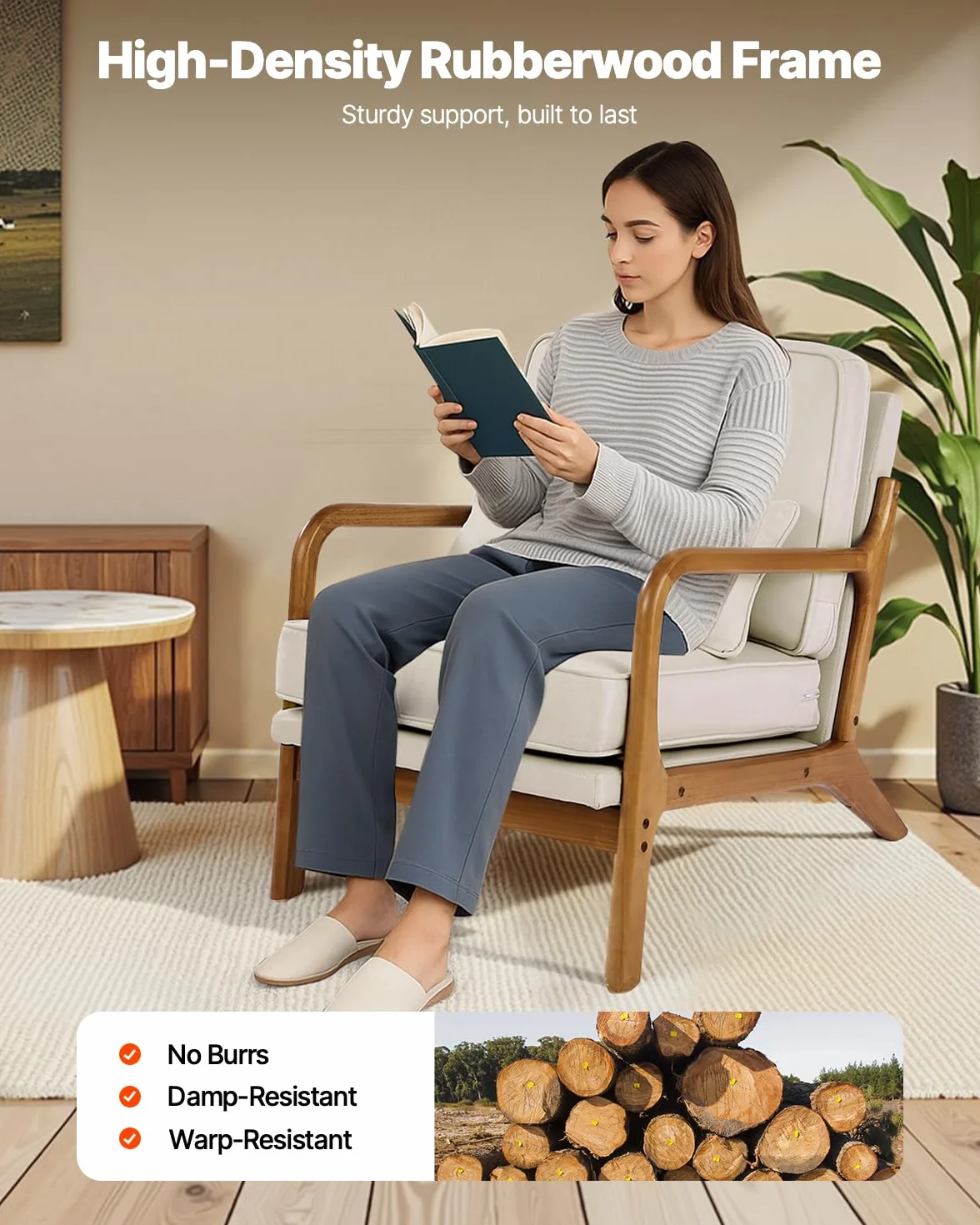 VEVOR Sillón de Estilo Moderno de Mediados de Siglo con Estructura de Madera Maciza y Patas Antideslizantes, Tapizado en Tela de Lino y Cojín Grueso de 14,5 cm para Salón, Dormitorio y Oficina