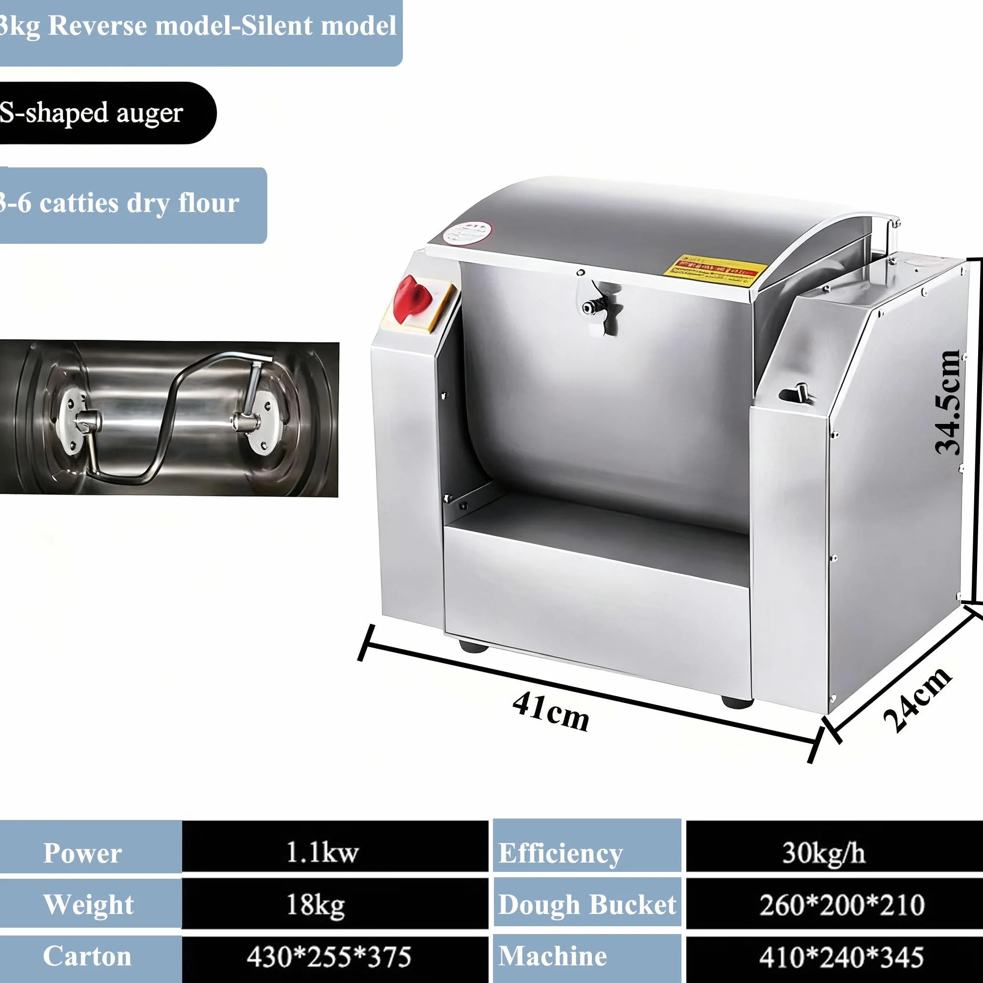 1100w/1500w Amasadora Comercial,Máquina Mezcladora De Masa Industrial Con Espiral,Inclinación De 90° Y Temporizador,3 Kg a 10 Kg,Para Panadería Y Restaurantes 3KG