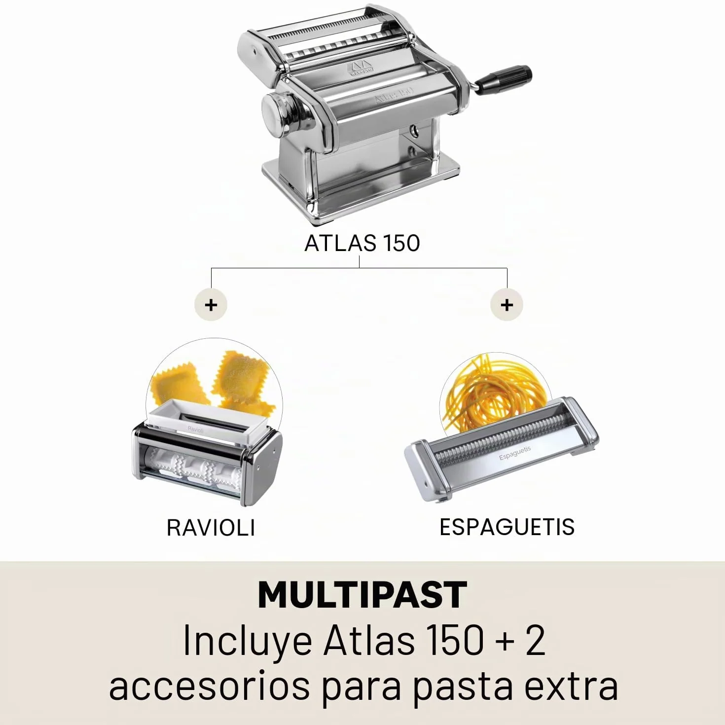 PastaSet, Máquina para pasta manual con accesorios incluidos para Raviolis y Espaguetis