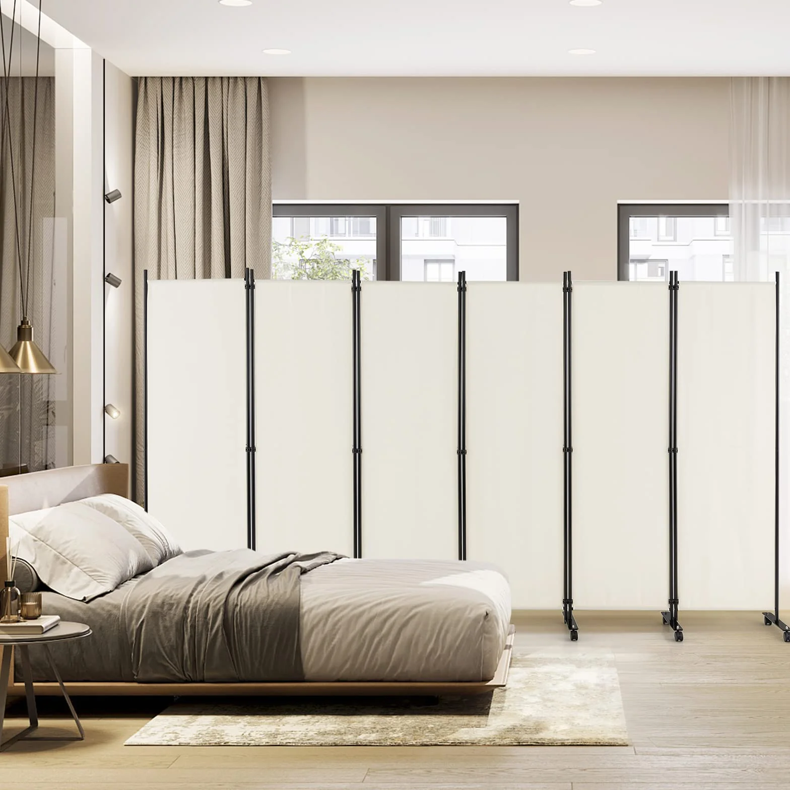 GIANTEX Biombo Plegable con Ruedas, Separador de Privacidad 6 Paneles, 334,5 x 172 cm, Divisor de Habitación de Tela con Patas Anchas, Protección Privada (Beige)