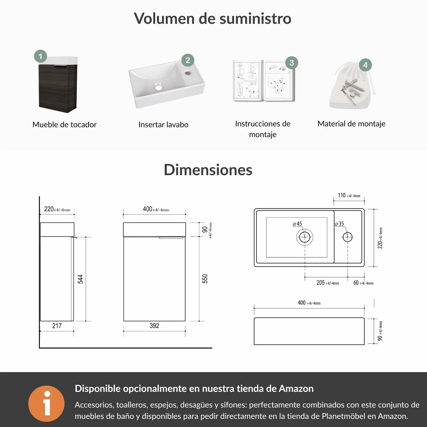 Planetmöbel Mueble baño con Lavabo 40 cm, Mueble bajo Lavabo para baños pequeños, Aseo de Invitados, Antracita