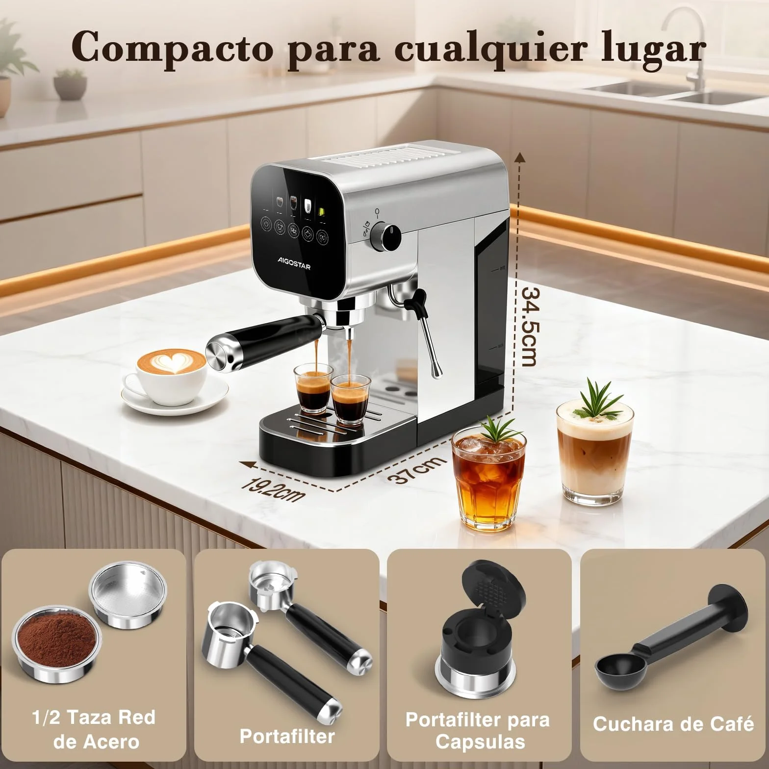 Aigostar Barista - Cafetera Espresso y Capuccino, Compatible con cápsulas y café molido, 20 Bares, Panel Táctil Digital, 1 o 2 tazas, Máquina de café con espumador de leche, 0.9L, 1350W, Inox