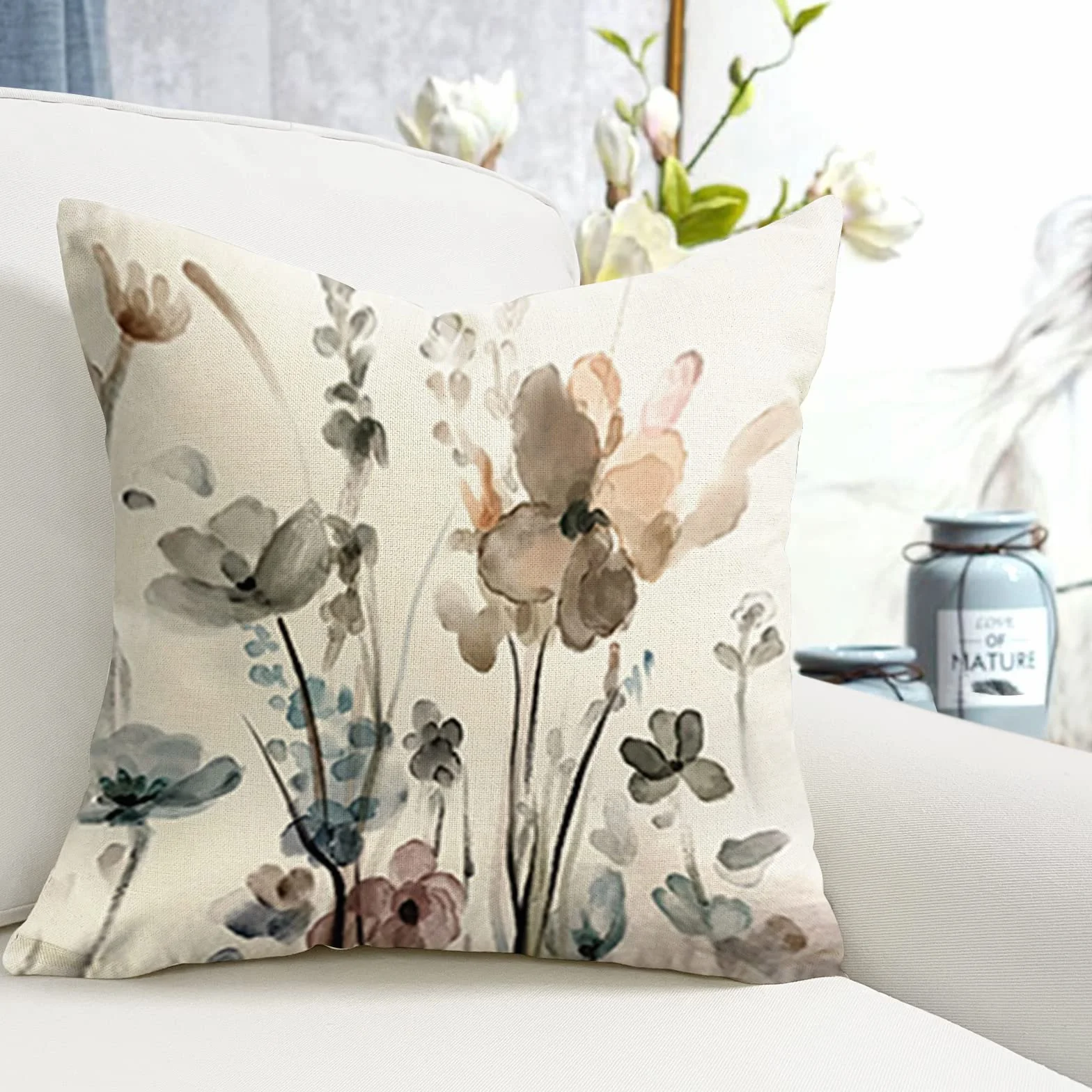 Juego de 4 Fundas Cojines Lino 45x45 para Sofá con Pintura Floral Dormitorio Exteriores