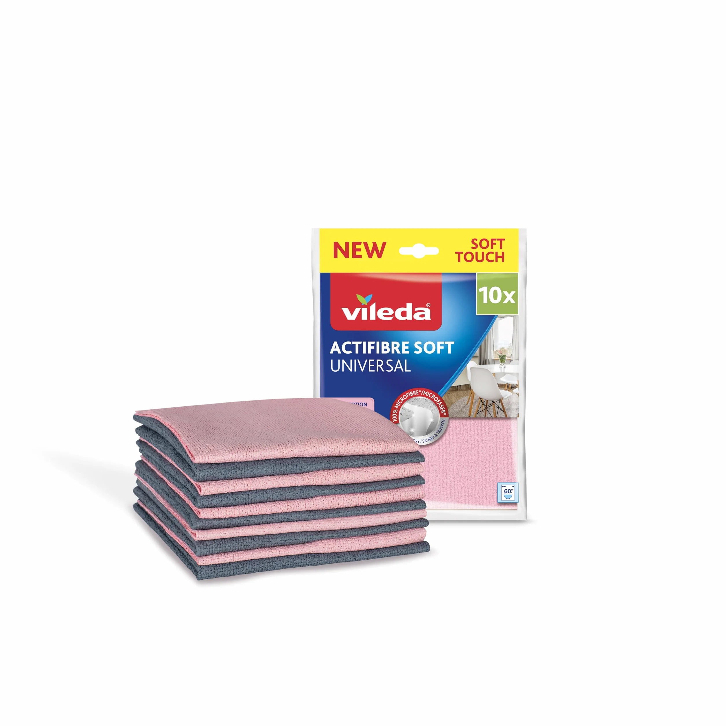 Vileda Actifibre Soft Universal Bayeta Multiusos de 100% Microfibra Limpieza sin Marcas Muy Absorbente Tacto Suave Lavable a 60 °C Rosa Claro y Gris