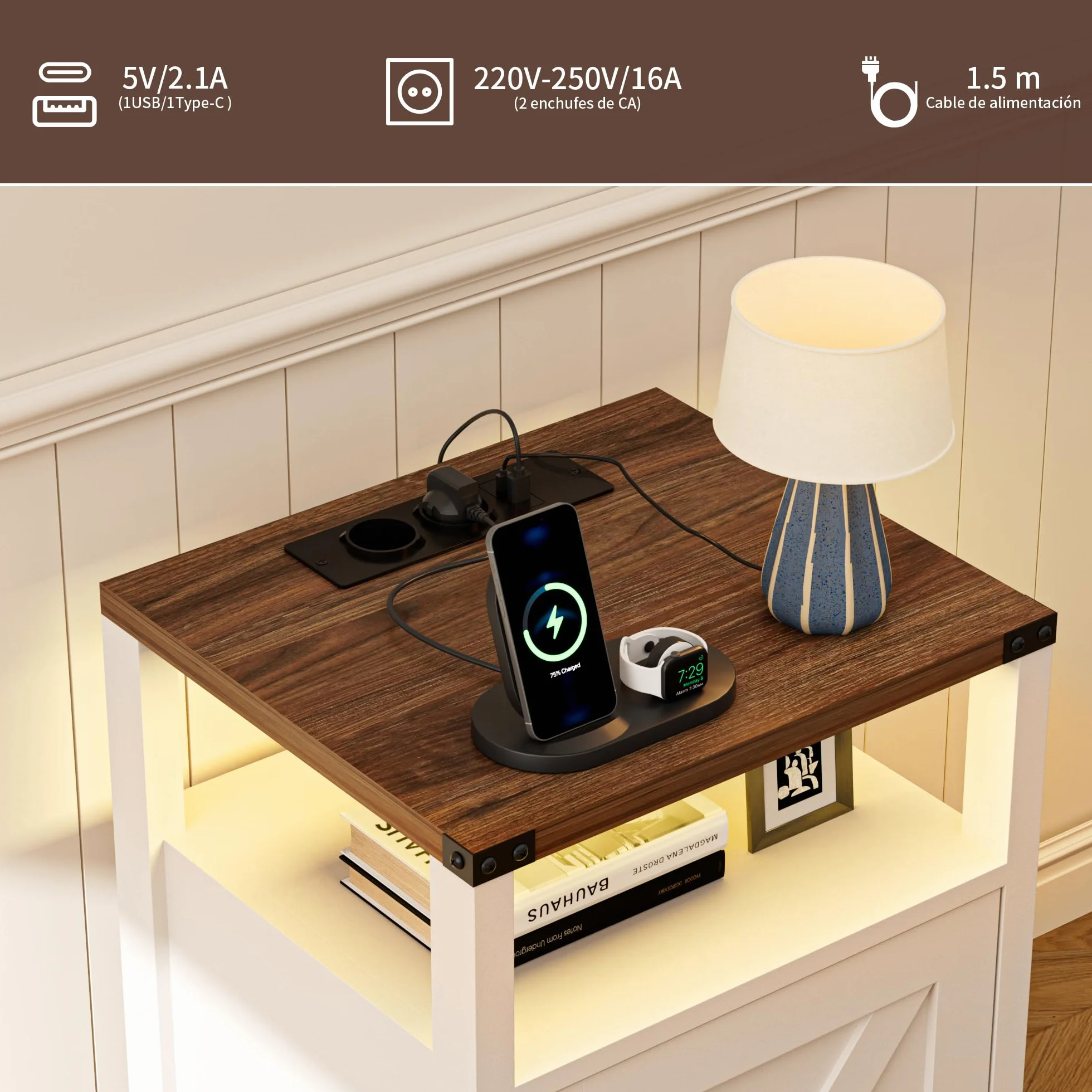 BonVache Juego de 2 Mesitas de Noche, con iluminación LED y enchufes, Color Ajustable, Puerta de Gran Capacidad y Compartimento Abierto, para Dormitorio, Salón