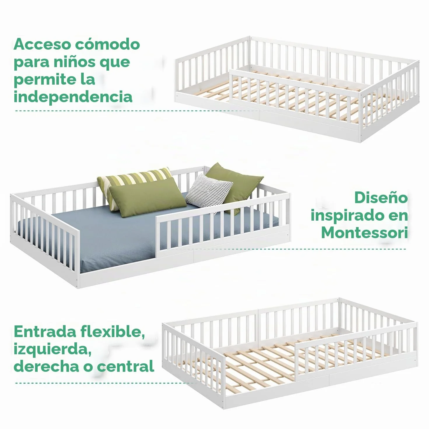 CADANI Timi 2en1 Cama Infantil al RAS del Suelo 120x200 cm Montessori con Barrera anticaída Desmontable, Incluye somier, Pino Macizo, Blanco - 3 Variantes de Montaje, hasta 200 kg, Convertible