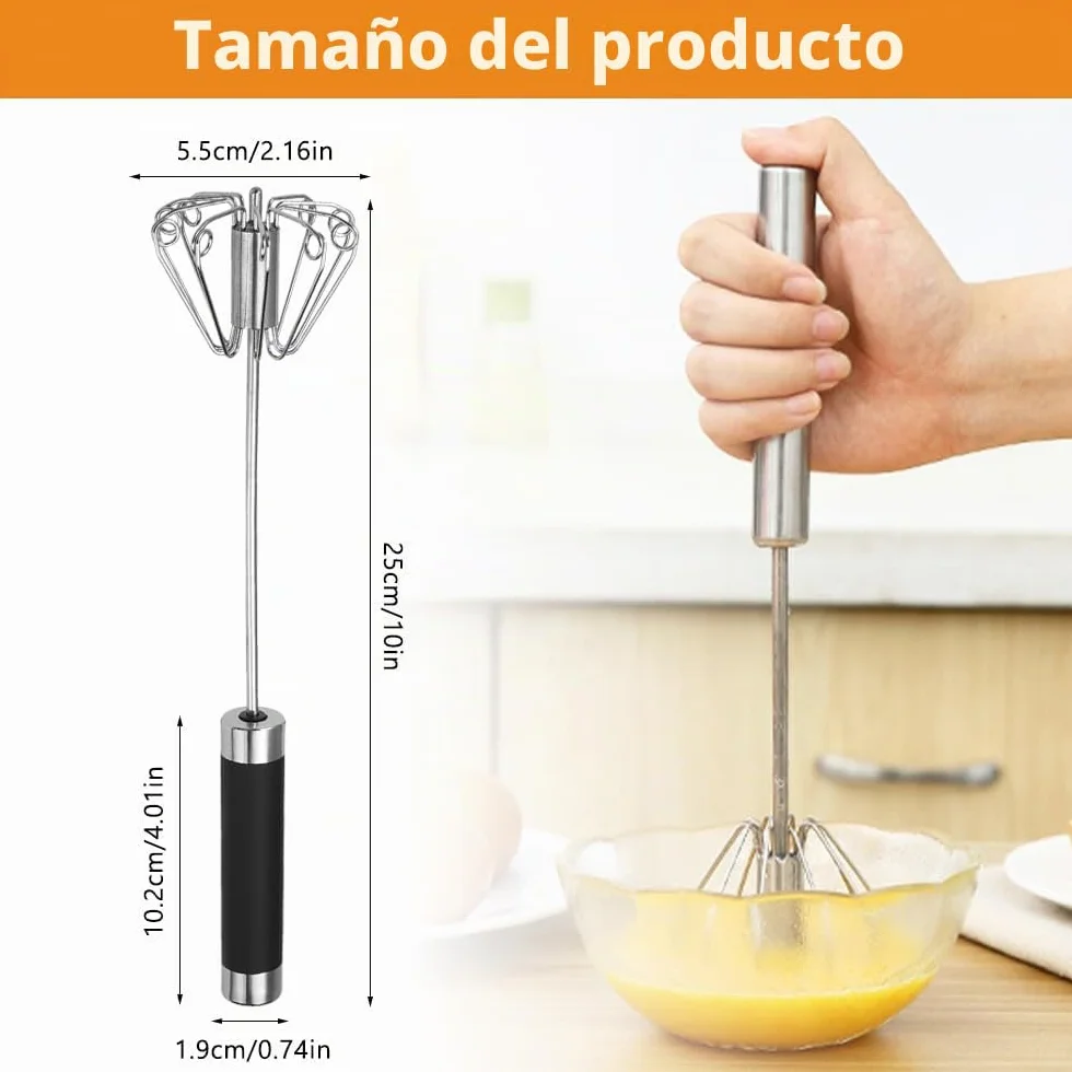 Batidor Semiautomático de Acero Inoxidable 10 Pulgadas, Batidor de Huevos Multifuncional para Cocinar y Hornear