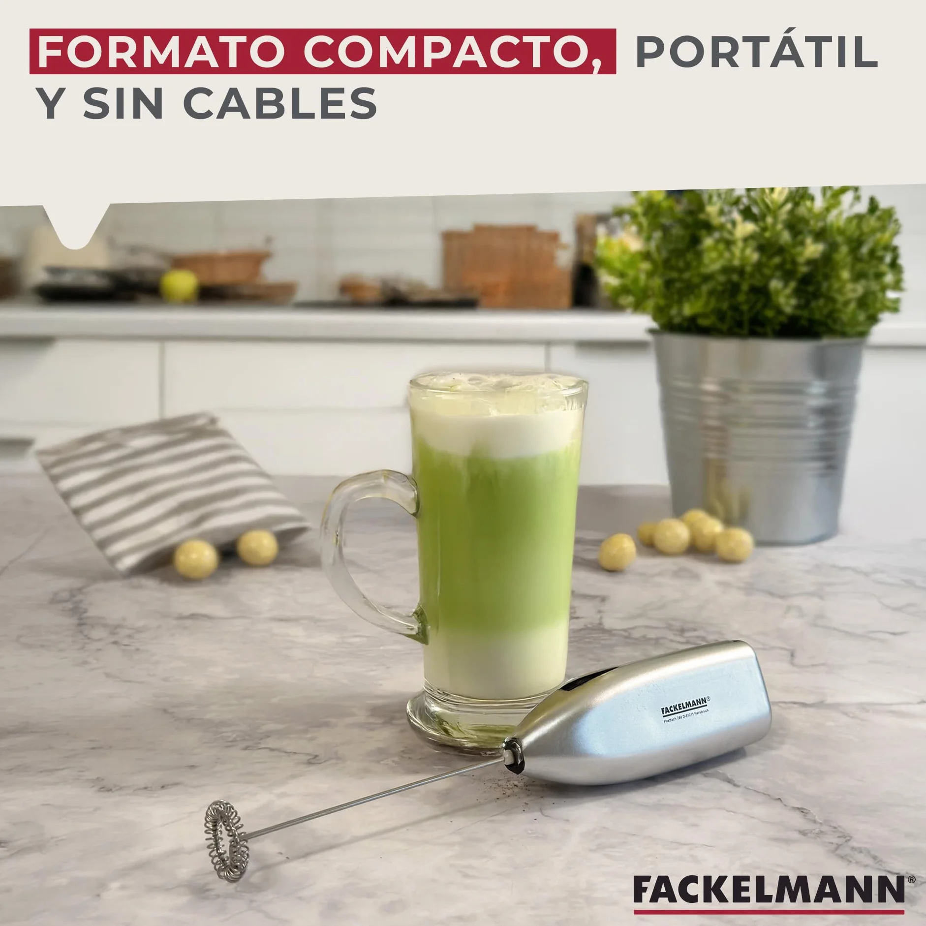 Fackelmann Espumador de Leche Eléctrico 13.500 RPM para Capuccino, Té Matcha, Portátil