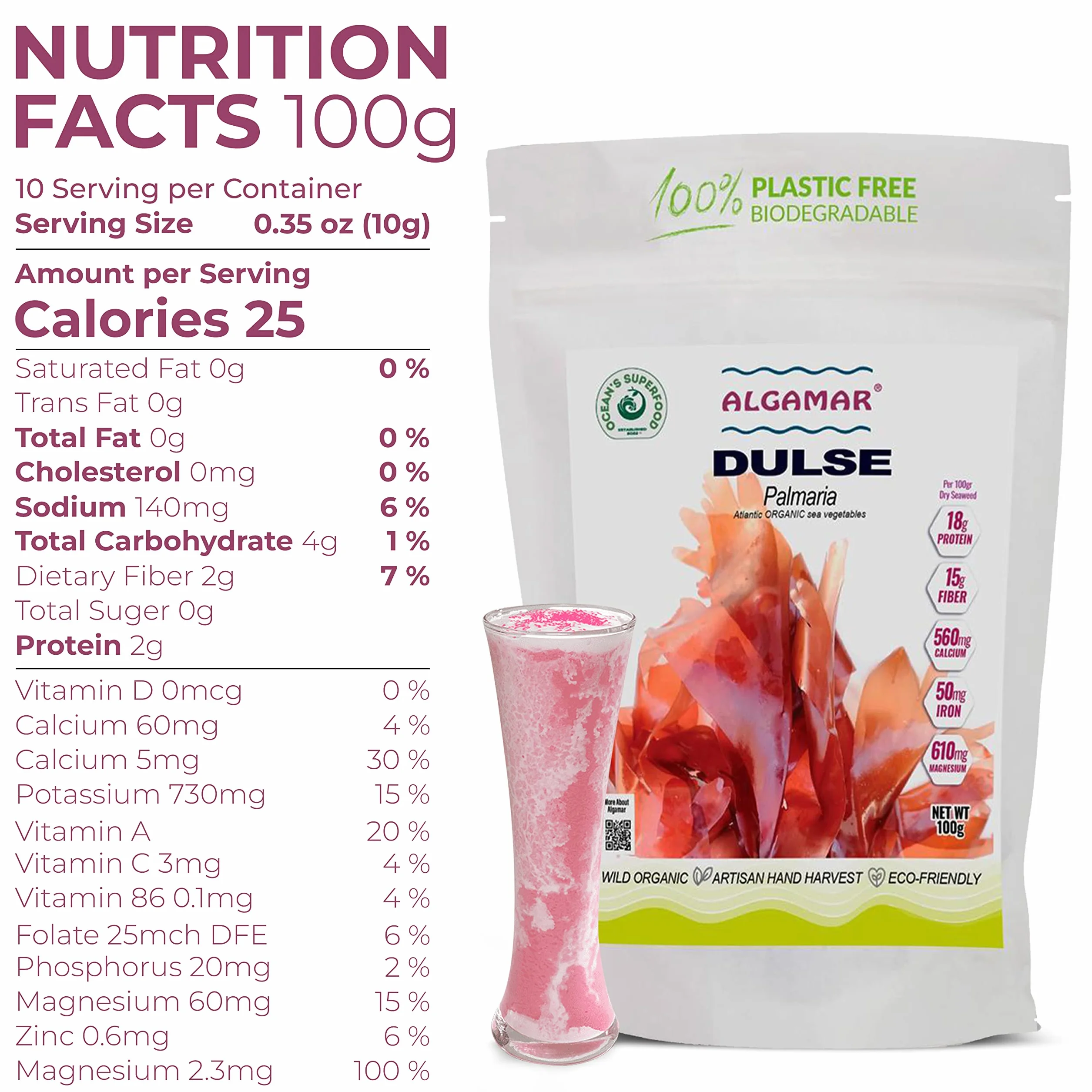 ALGAMAR Dulse Algas marinas 3.5 onzas orgánicas sin gluten veganas kosher ecológicas vitamina C proteínas potasio minerales