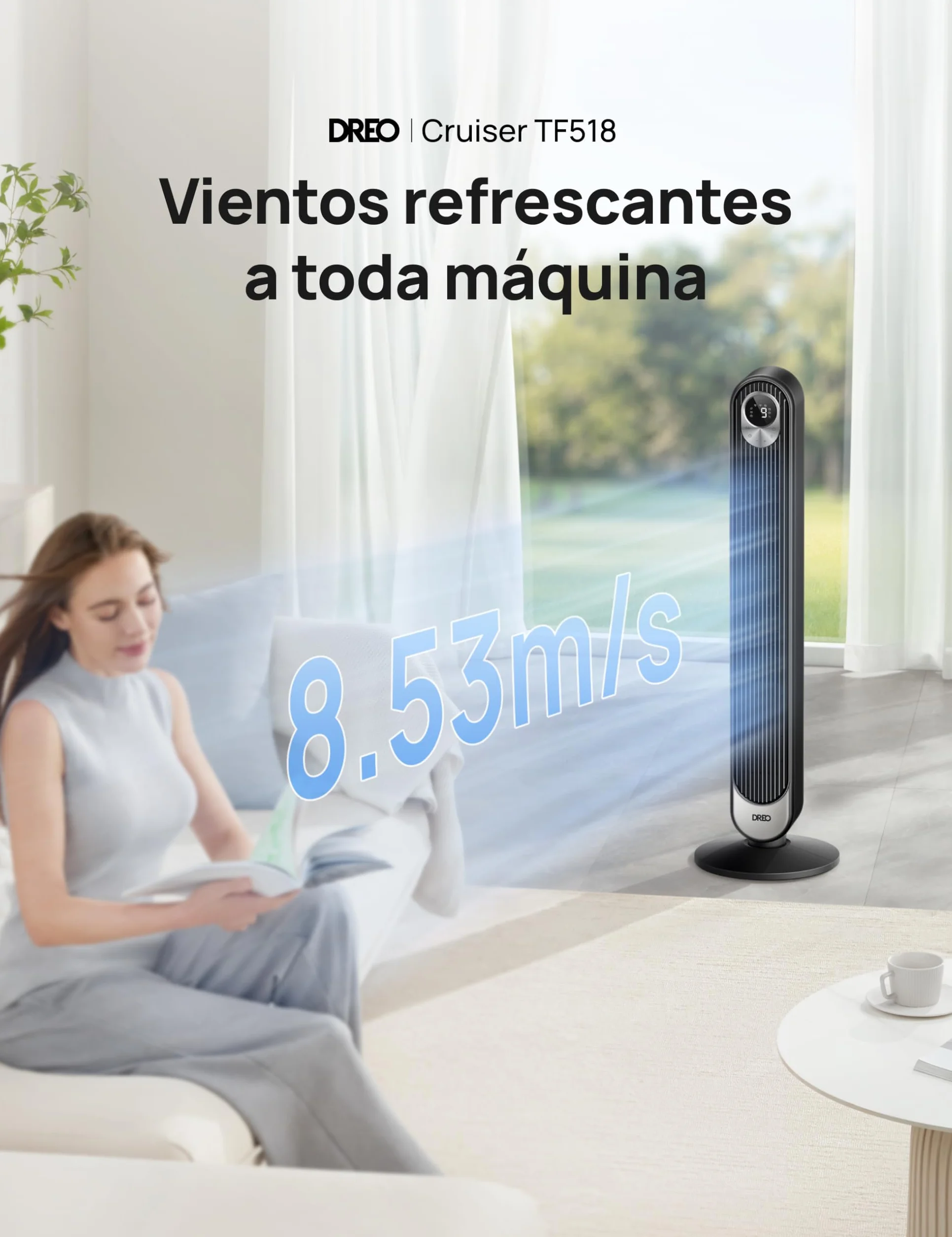 Dreo Cruiser Pro T1 Ventilador de Torre 106 cm 28dB 8,53 m/s 9 Velocidades 90° Oscilante 4 Modos Temporizador 12h