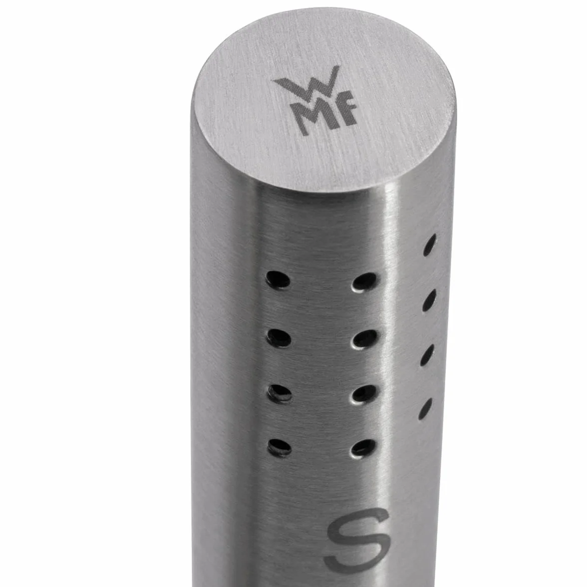 WMF Salz - Juego de salero y pimentero 2 piezas, Pequeño, Acero Inoxidable Cromargan mate, Soporte de Madera de Acacia