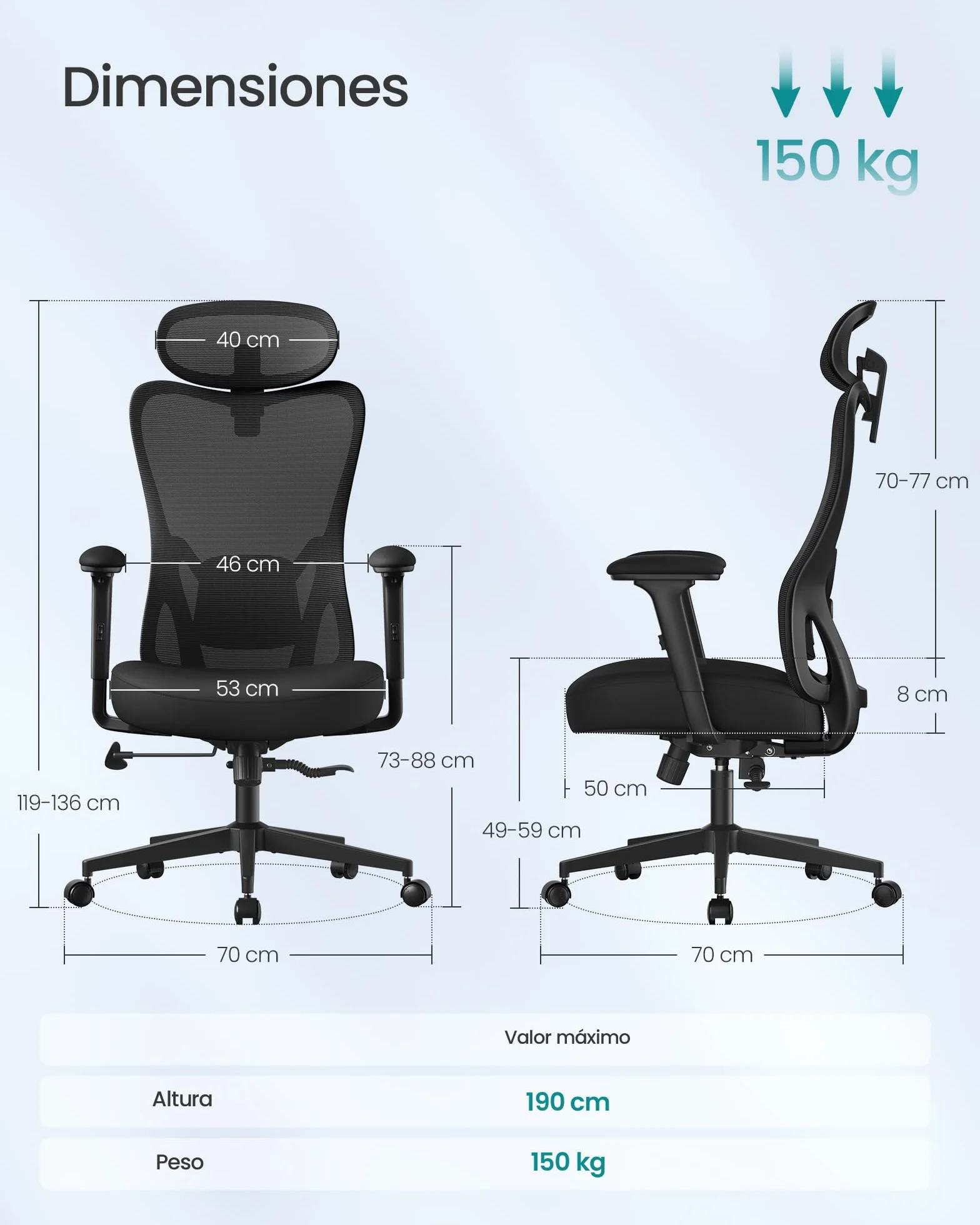 SONGMICS Silla de Oficina Ergonómica, Reposacabezas y Soporte Lumbar Ajustables, 150 kg, Altura Ajustable, Negro Tinta OBN066BH01