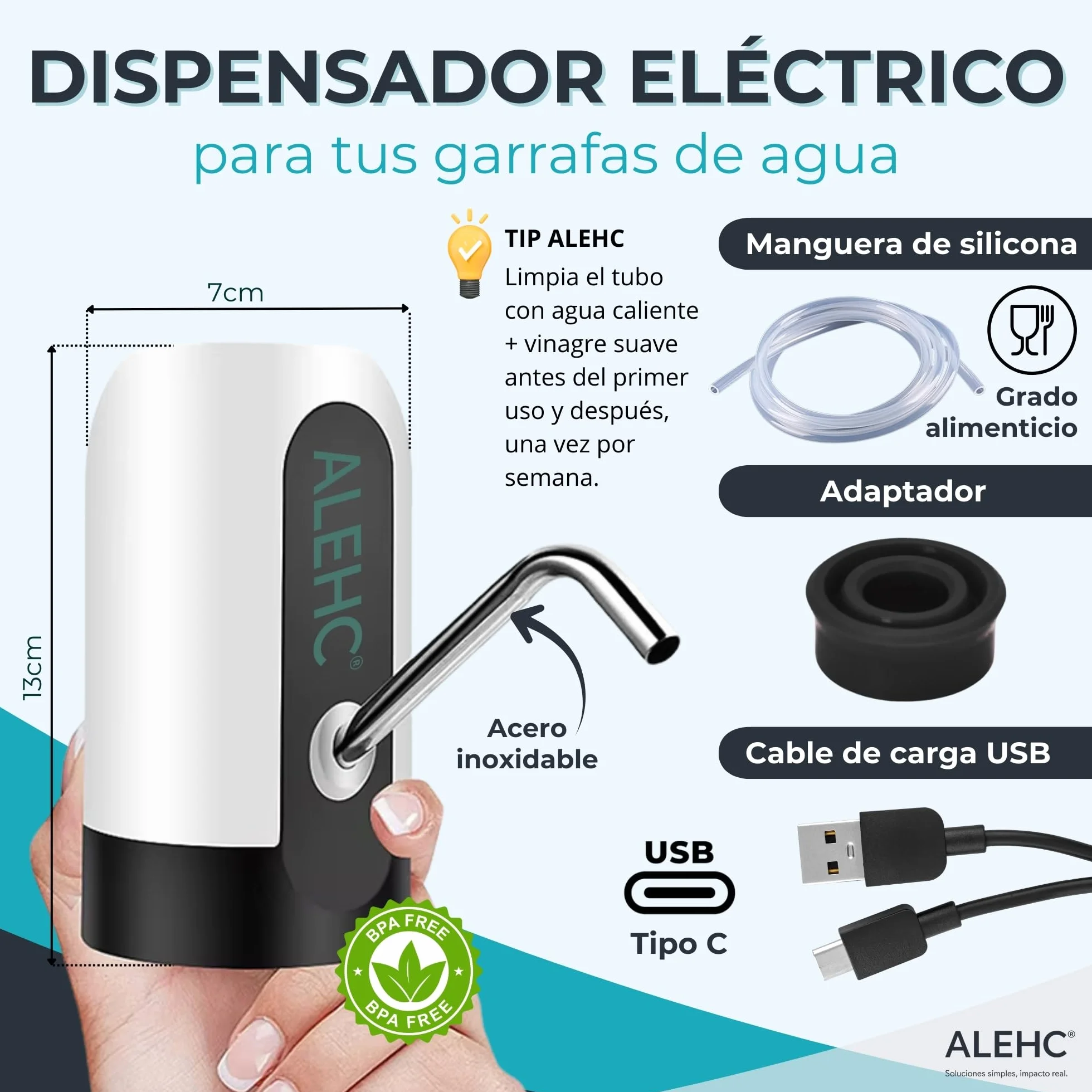 ALEHC® Dispensador de Agua Eléctrico para Garrafas - 8-20L – Bomba de Agua Recargable USB-C con Manguera de Silicona Alimentaria y Adaptador – Portátil para Casa, Oficina, Camping – Sin BPA
