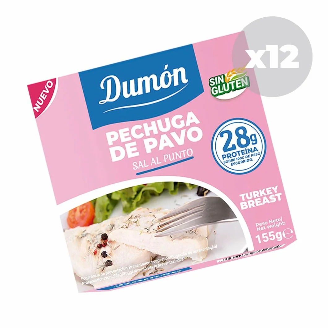 DUMON Conserva Pechuga de Pavo al Natural, 12x155g, 28g Proteína, Sin Gluten