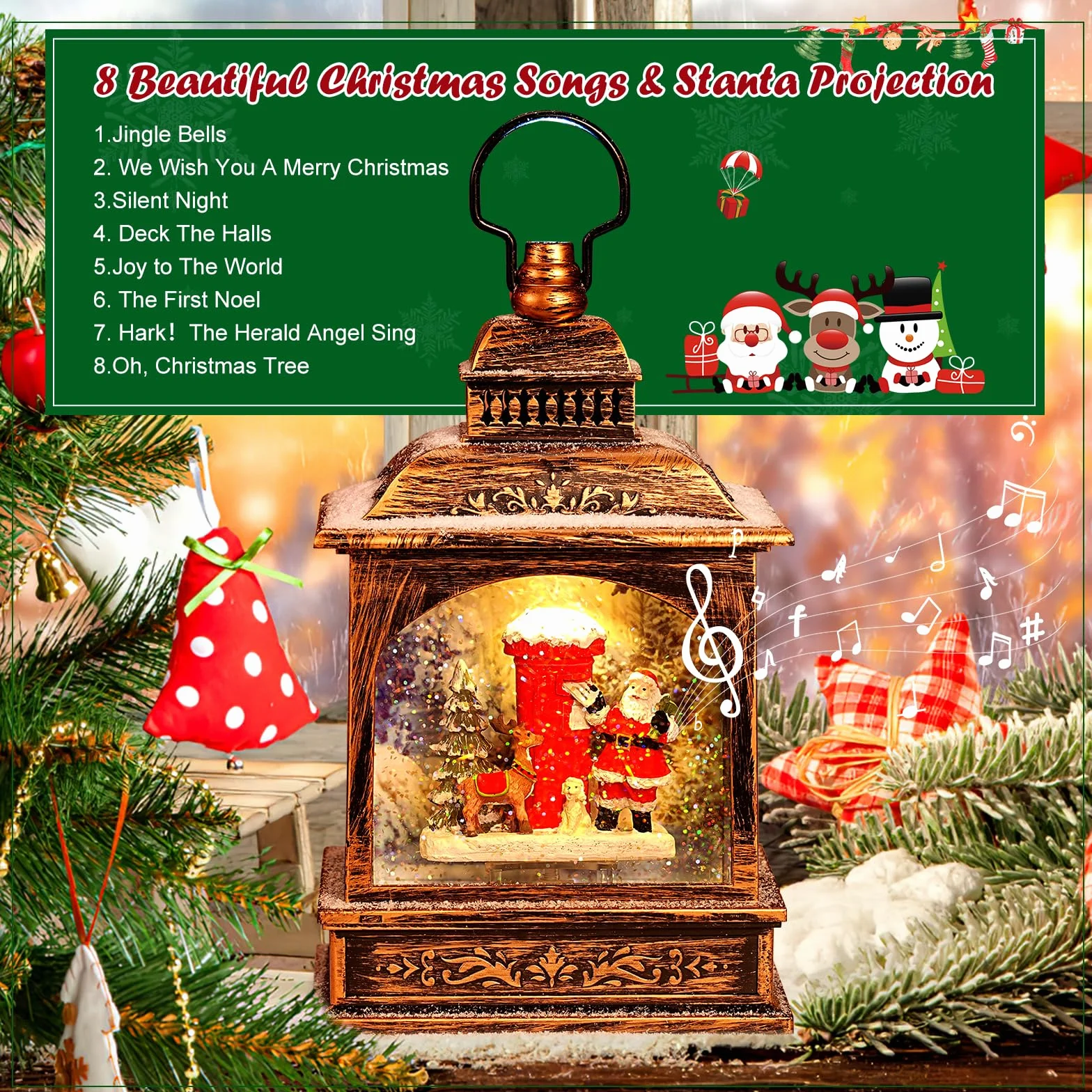Linterna de Globo de Nieve Navideño Con Música - Papá Noel Brillante Para Decoración del Hogar - Funciona Con Pilas/USB - Regalo