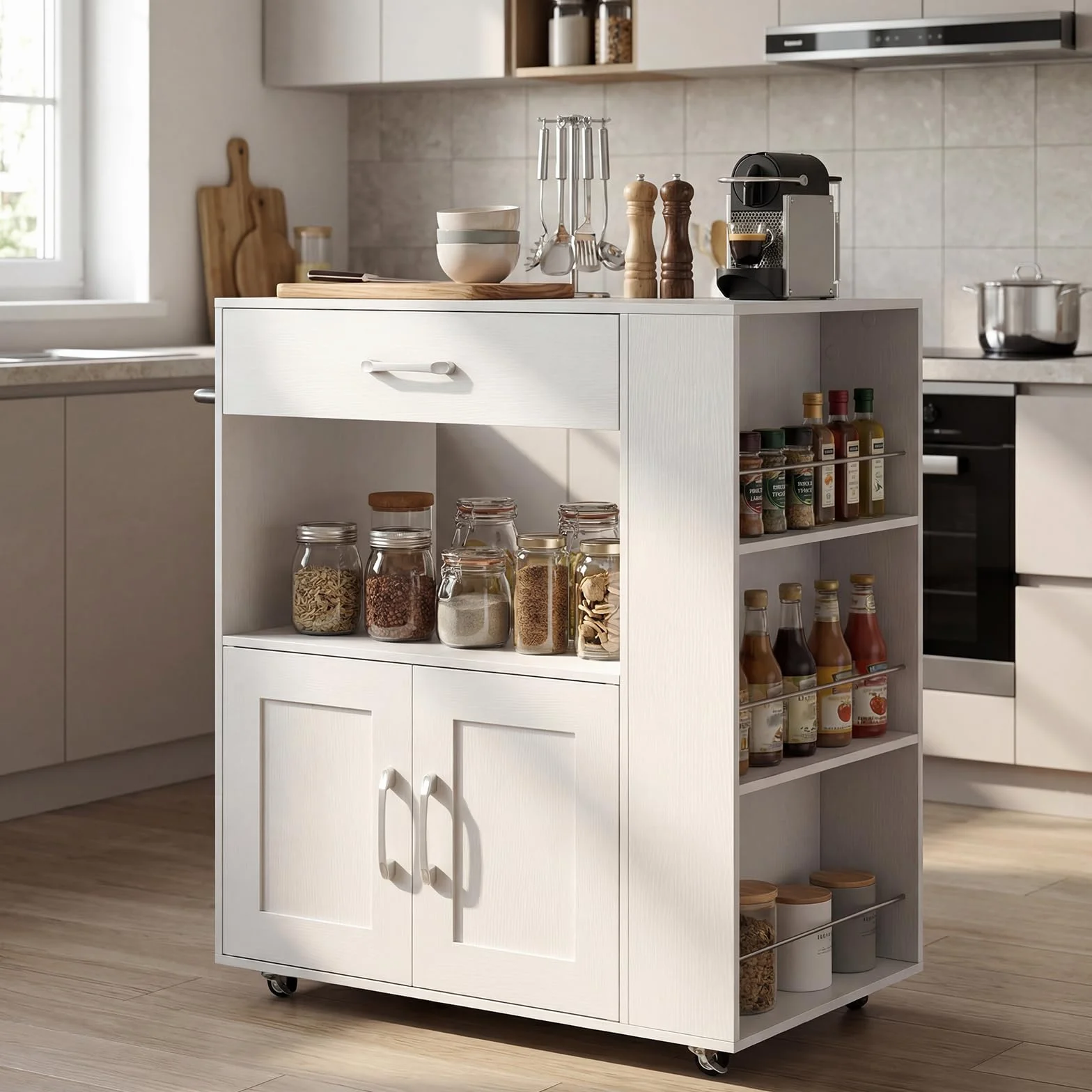 GIANTEX Carrito de cocina con ruedas, isla de cocina con encimera, isla de cocina móvil de madera, armario de cocina, carrito de servicio con cajón y 3 estantes, carrito de cocina (blanco completo)