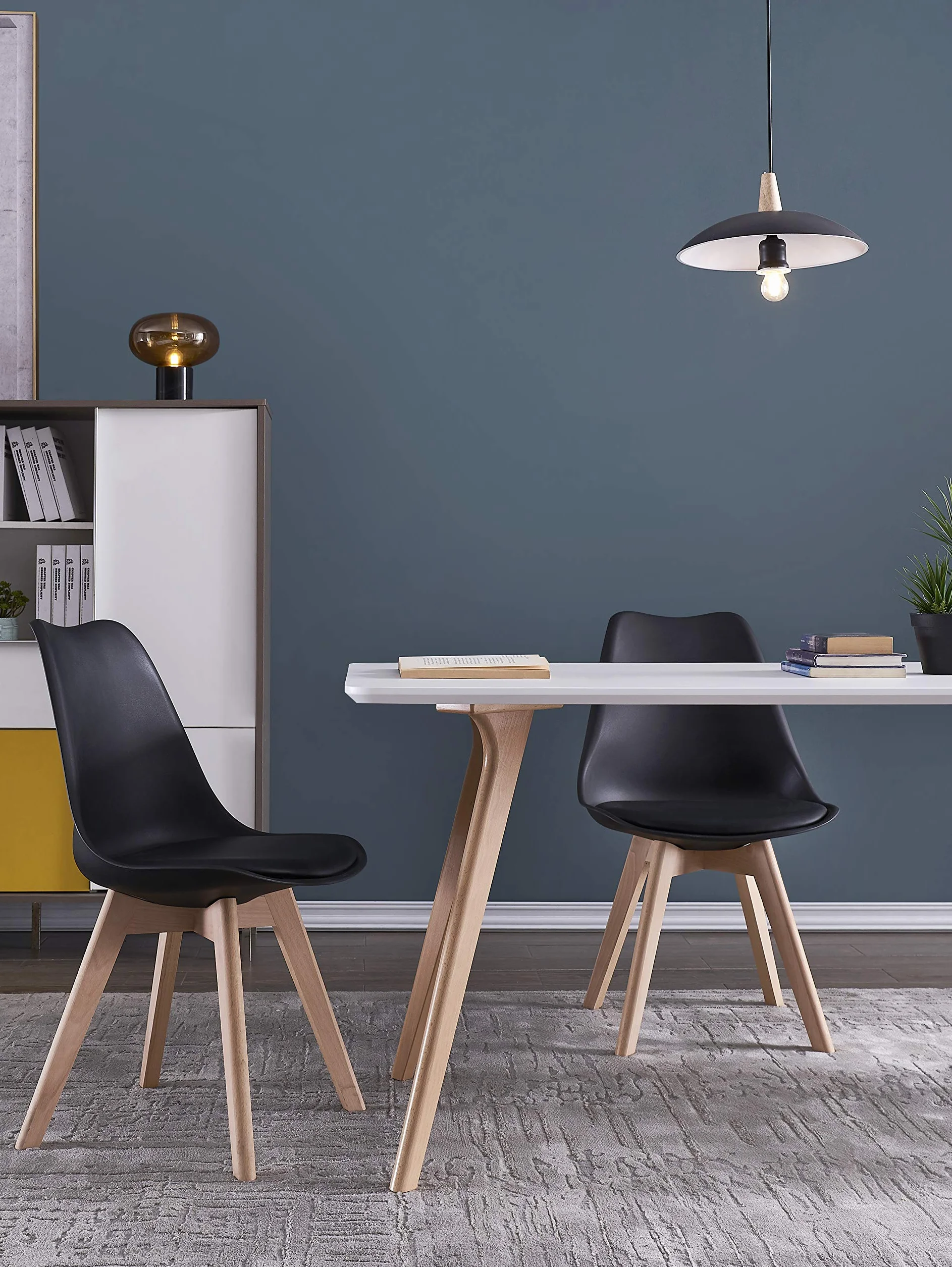 DEWINNER Pack de 6 Sillas de Comedor, Sillas de Cocina, Asiento Acolchado Tapizado y Patas de Madera Maciza de Haya, Silla Negro