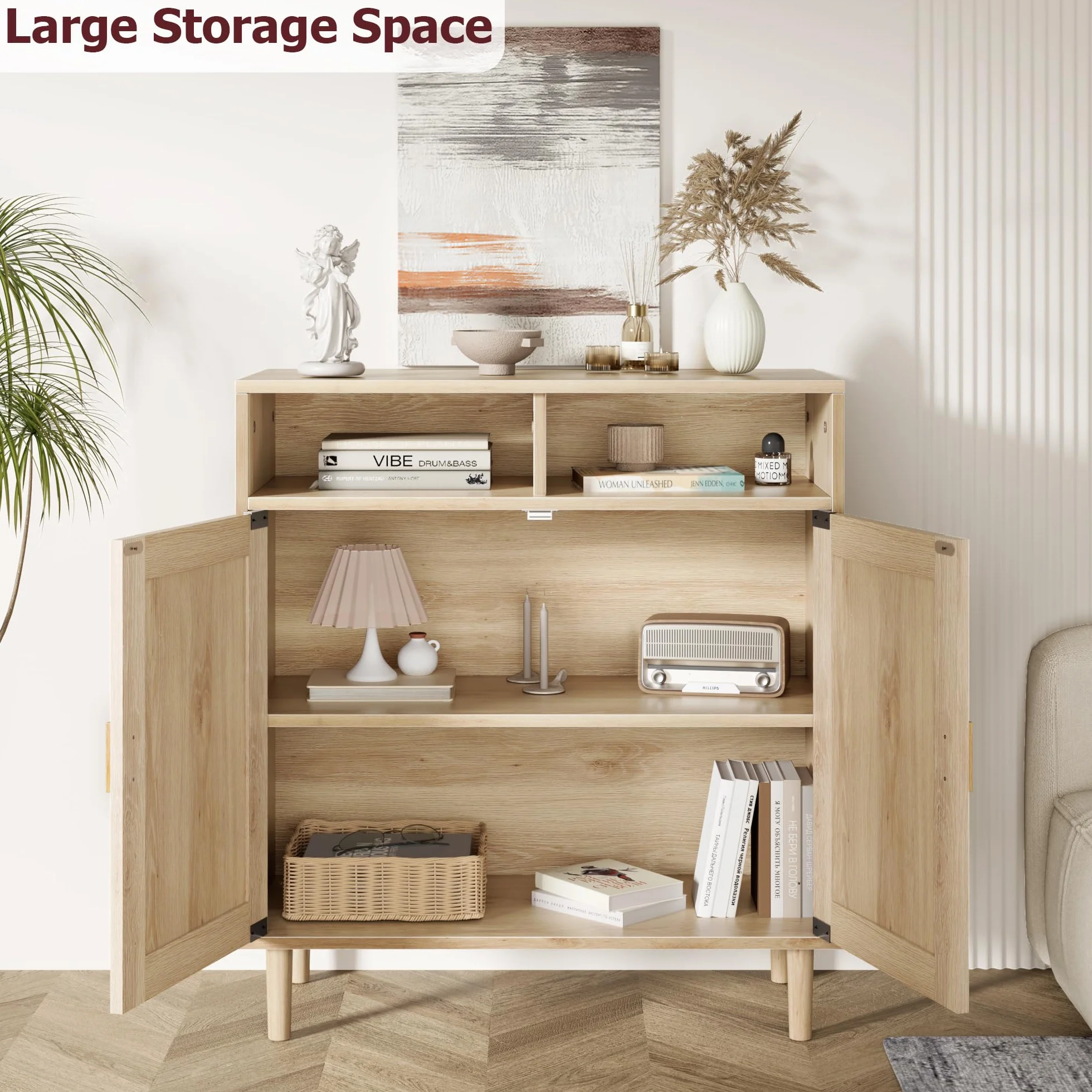 Aparador De Madera con Ratán - Armario De Almacenamiento para Salón con Puerta - Cuatro Compartimentos - para Salón, Dormitorio y Recibidor - Patas Altas - Fácil De Montar y Organizar