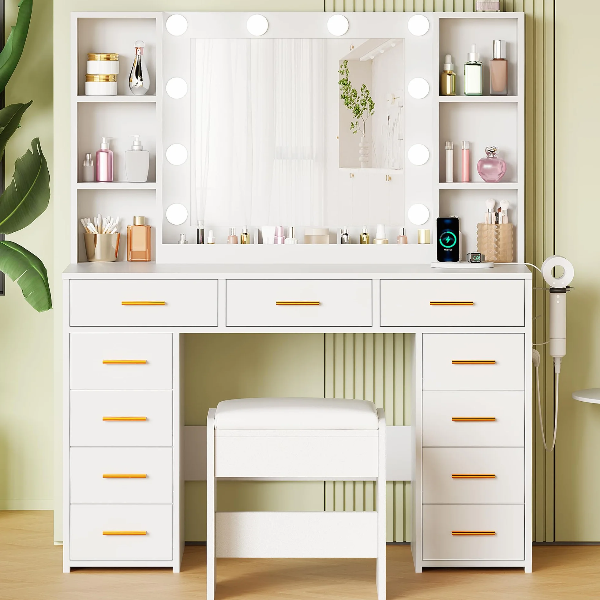 ANWBROAD Tocador de Maquillaje Grande con Luz LED y Enchufes 140x110x40cm BDT86W